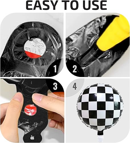 Miniatura 4 de 12 globos de carreras a cuadros de 18 pulgadas, globos de aluminio blanco y negro para decoración de fiestas temáticas de carreras, globos de Mylar