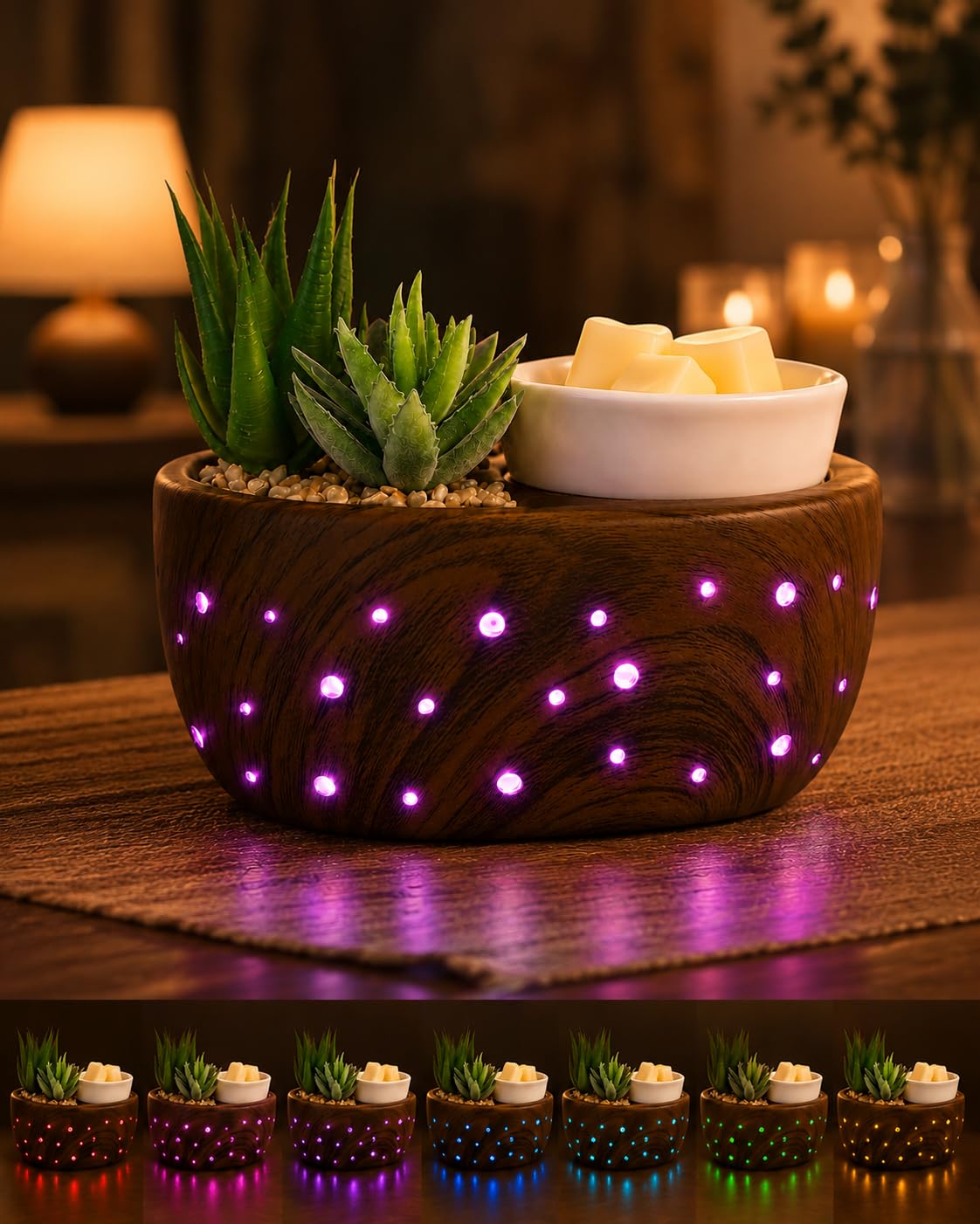 Ceramic Succulent Wax Melt Warmer, 7-Color Flameless Electric Lamp