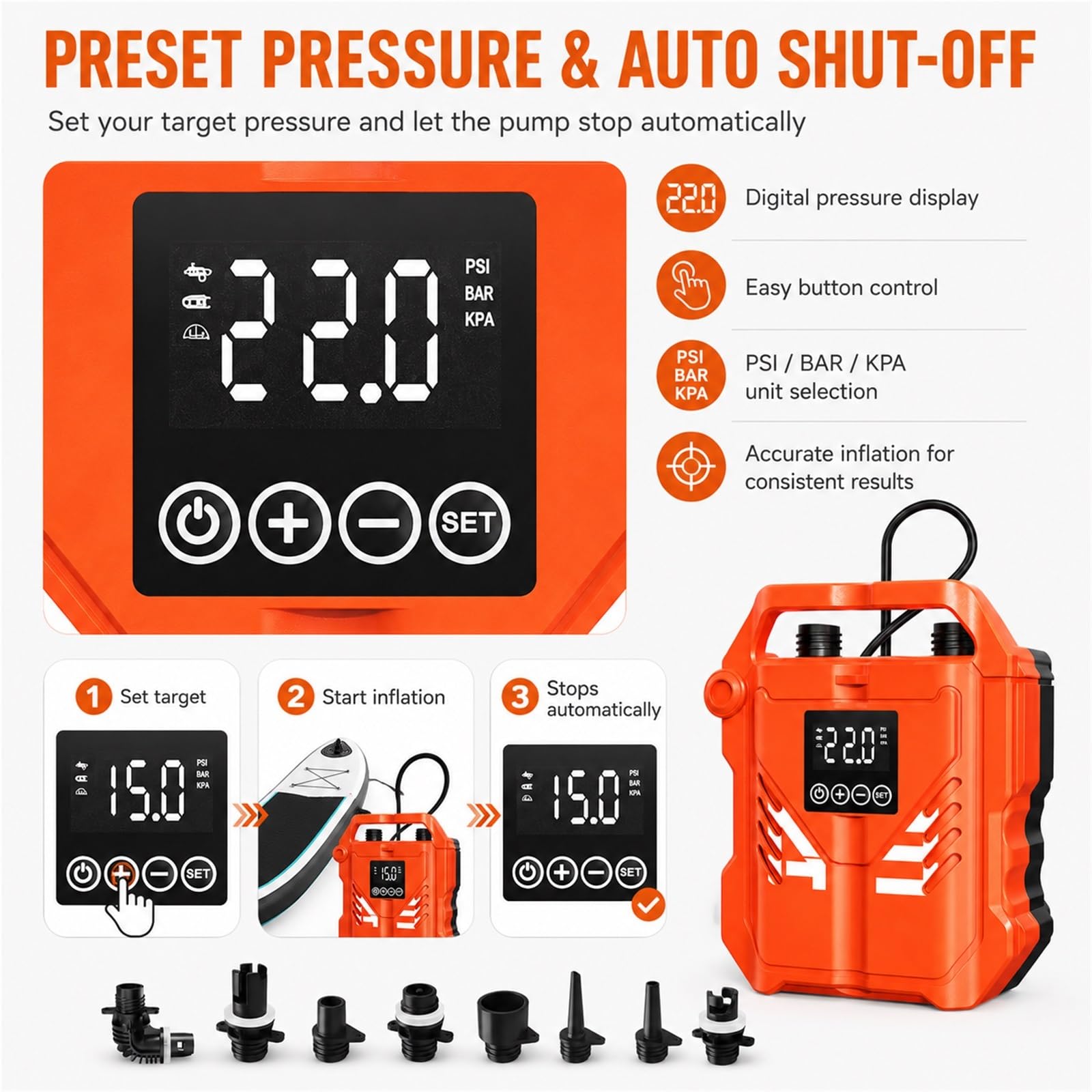 Pompka elektryczna do deski SUP 22PSI 12V LCD dwustopniowa AP-883L | Zasilanie 12V, 8 wymiennych dysz, do desek SUP i pontonów, ekran LCD, automatyczne wyłączanie