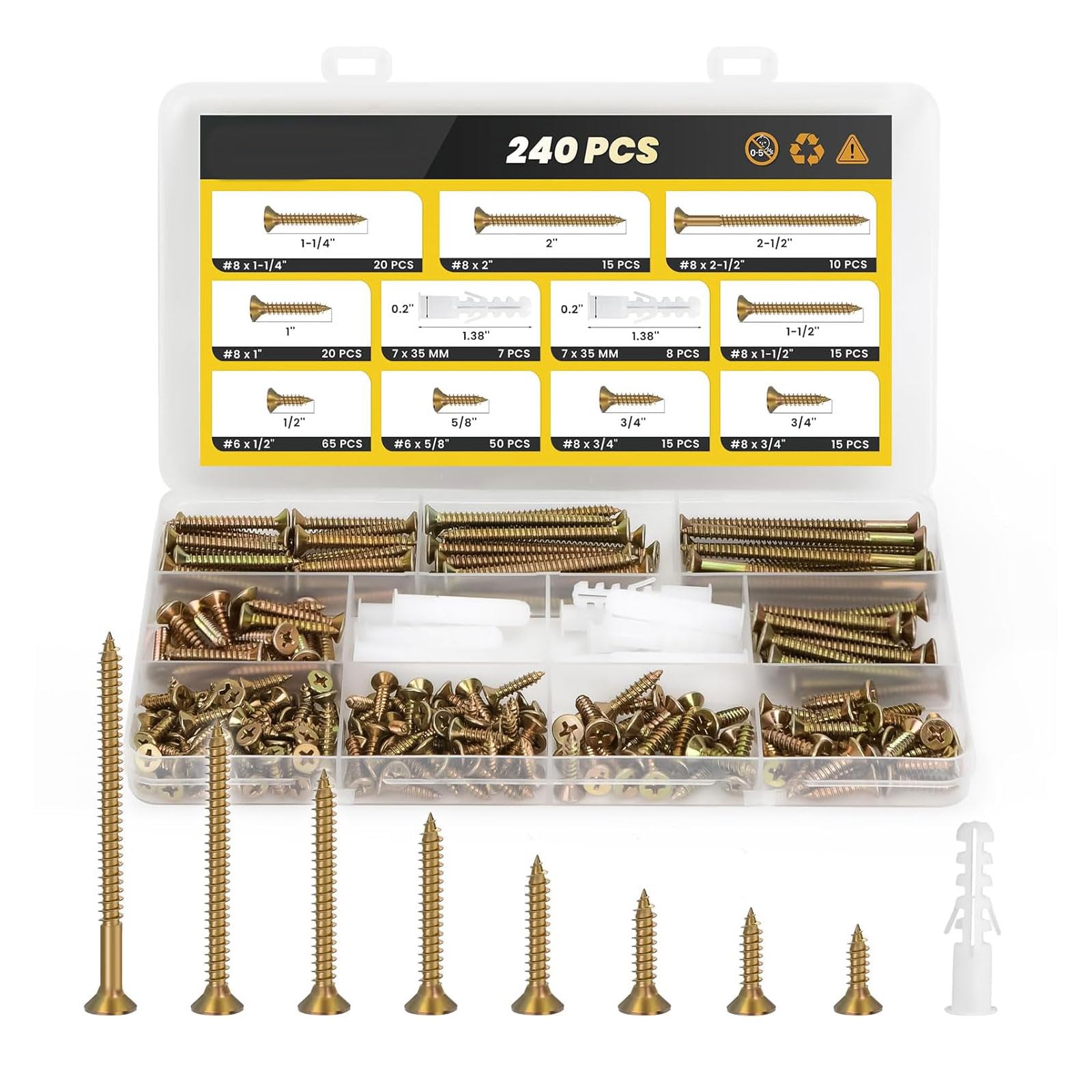 Hogtnd Colored Zinc Plating Sturdy Cross Countersunk Carbon Steel Screws In Multiple Sizes For Repair And Woodworking Projects With Storage Box, Furniture Mounting Screws