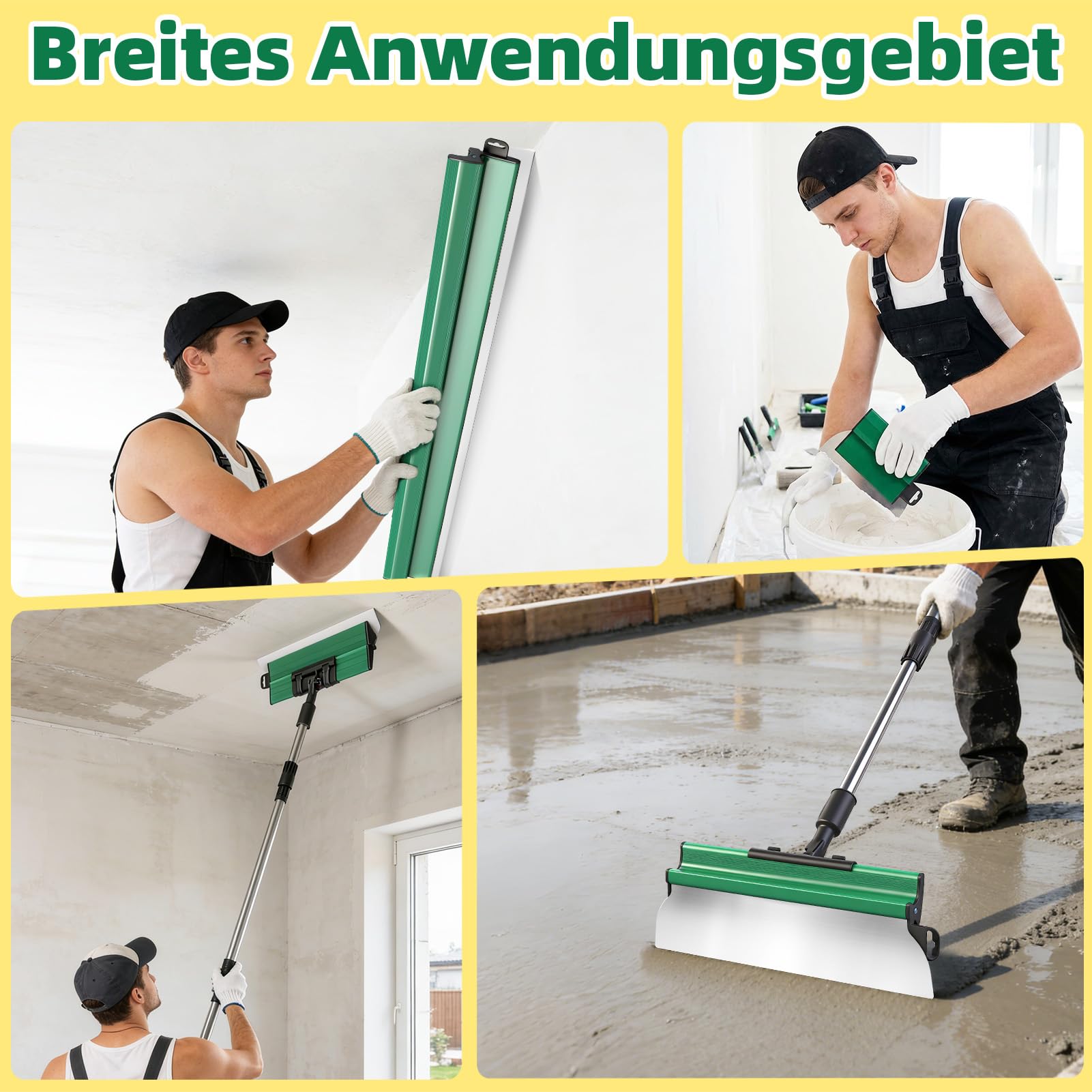 Flächenspachtel Set 4-teilig 25/40/60/80 cm mit Teleskopstange (84-150 cm) – Edelstahl Glättspachtel für Trockenbau, Putz, Wand & Decke – inkl. 3 kleinen Spachteln für Ecken & Fugen