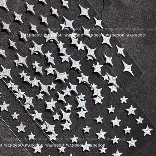 Silver Nail Art Sticker 5D Embossed Stars Love Peach Butterfly Flame Ins Style Glitter Nail Art Sticker Super Silver Glitter Self-Adhesive Sticker Decals For Nail Art Decoration (6 Sheets) #TOP4