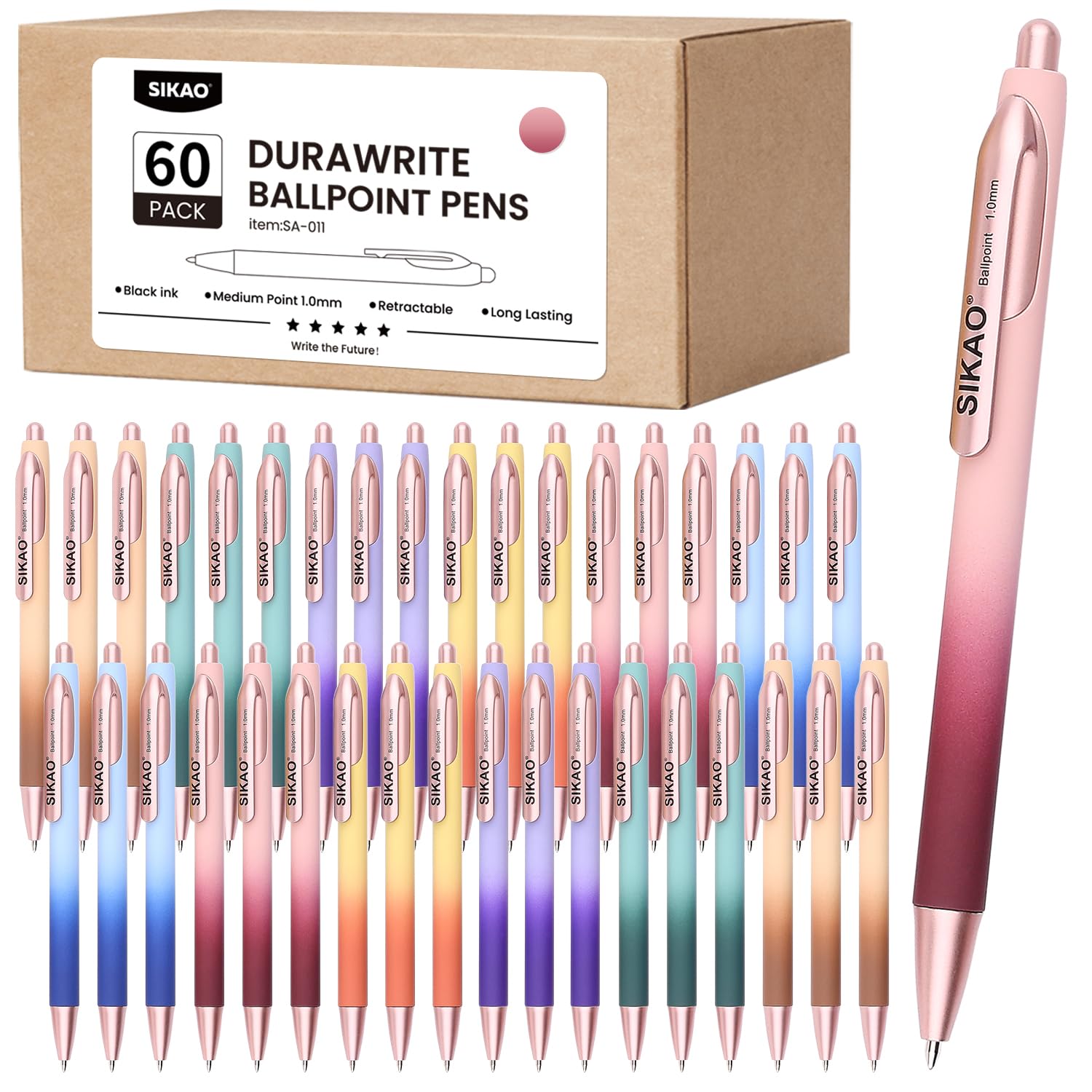 Confezione da 60 penne a sfera retrattili Luxe Gradient, punta media da 1,0 mm, inchiostro nero, senza sbavature, senza saltare, materiale estetico per la scuola e la reception dell'ufficio