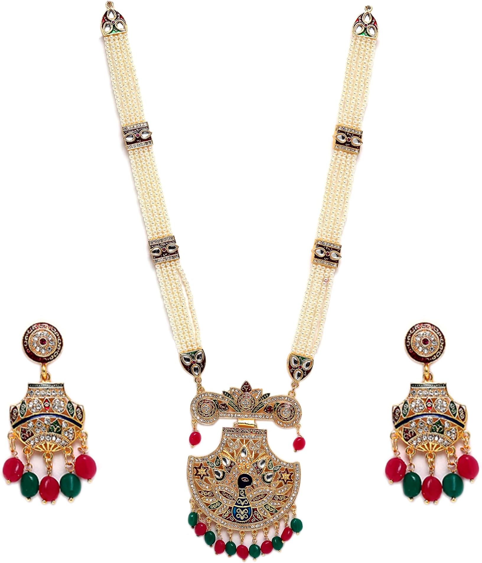 Jewellery Set Gold Plated Long Necklace Hyderabadi Design Pearl Peacock Necklace Set With Earring Jewellery For Women & Girls