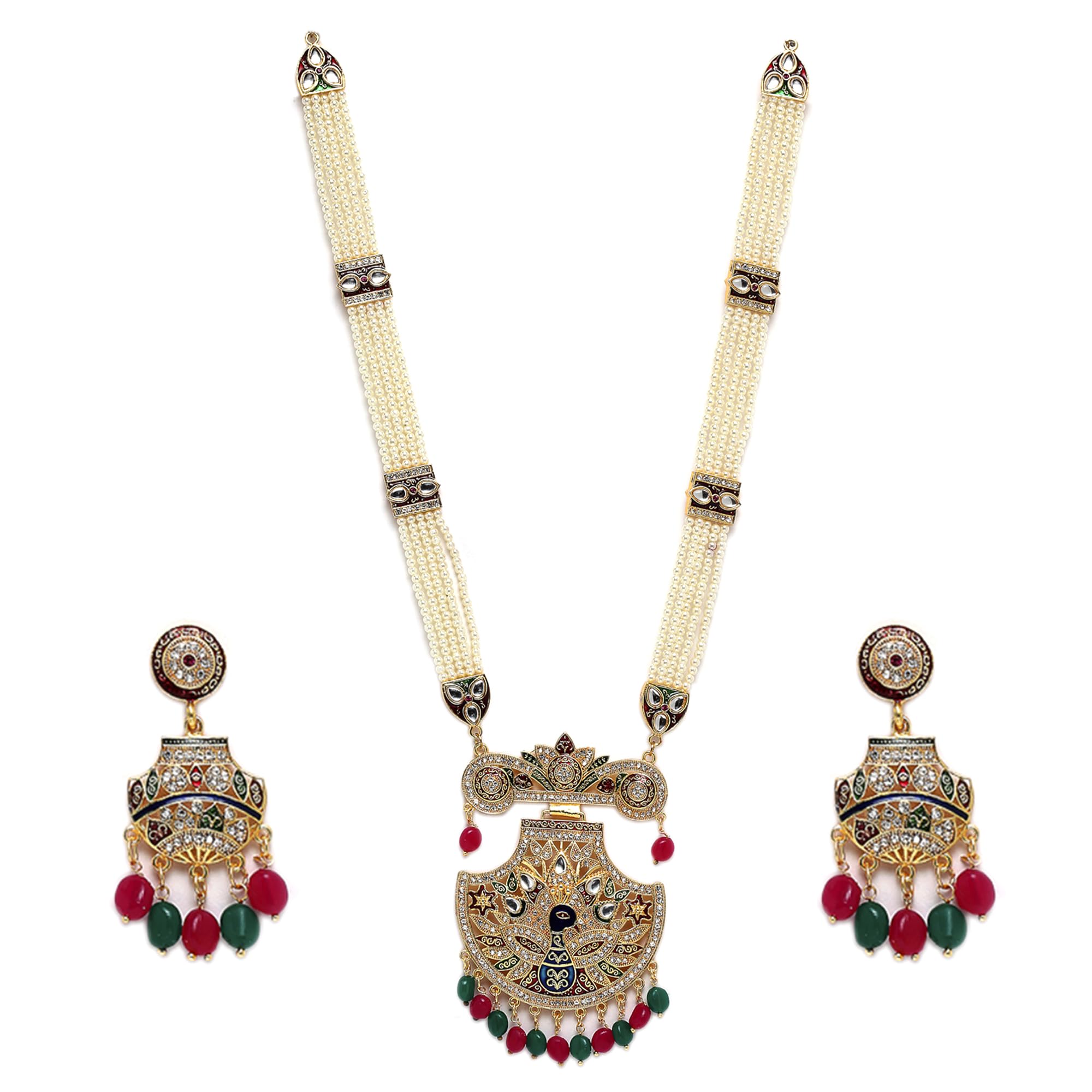 Jewellery Set Gold Plated Long Necklace Hyderabadi Design Pearl Peacock Necklace Set With Earring Jewellery For Women & Girls