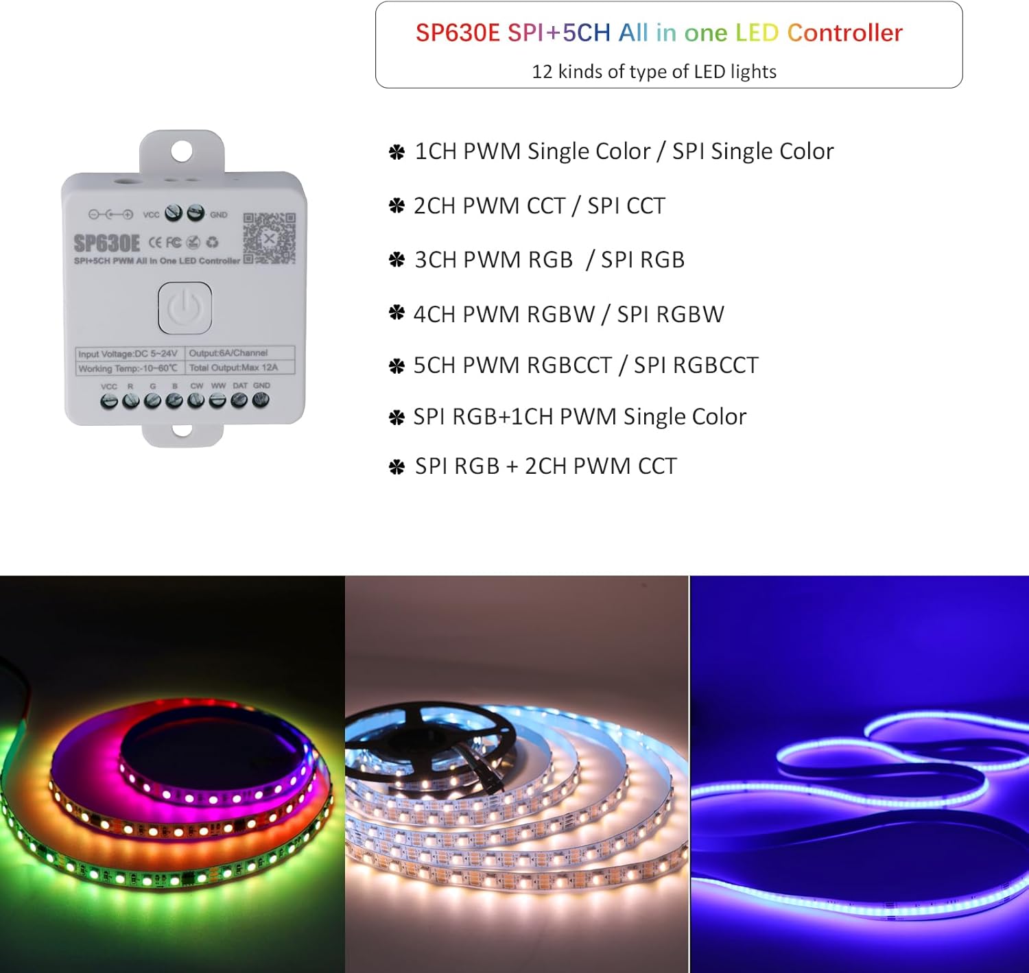 SP630E LED Controller – Bluetooth Led Controller for Single-Color or IC-Driven Strips Control for WS2811/WS2812B/SK6812, PWM SPI-TTL Support (5V-24V Wide Voltage)