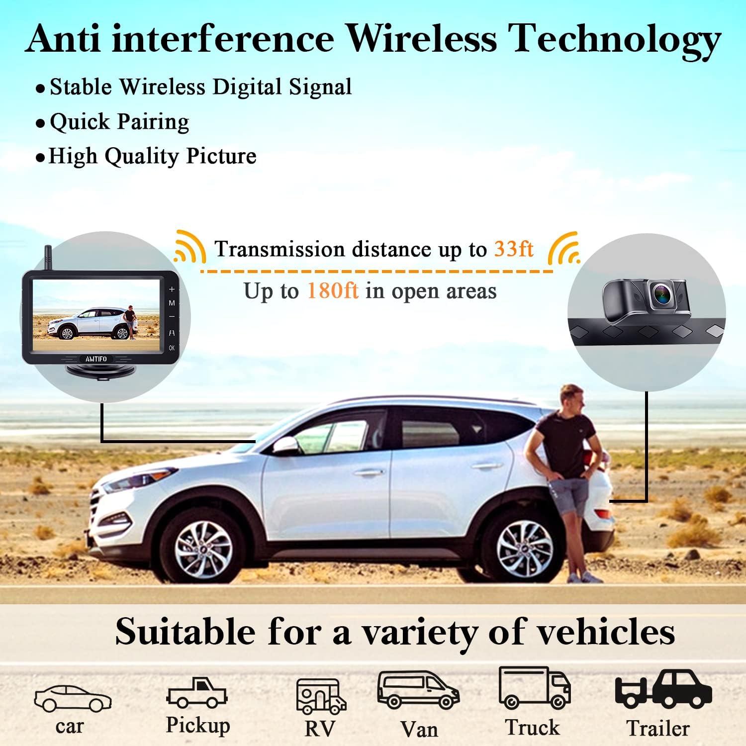 Blасk Frіdау Clеаrаnсе Wireless Backup Camera for Truck Car HD 1080P Bluetooth Rear View Camera 5 Inch Split/Full Monitor Reverse Camera System Support Add 2nd License Plate Cameras/RV Cameras - AMTIFO A6