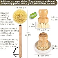 Vista 2 de Juego de cepillos de madera para platos limpios, sartenes y verduras, cerdas naturales de bambú con plato de cerámica, 1 cepillo de mango largo + 2