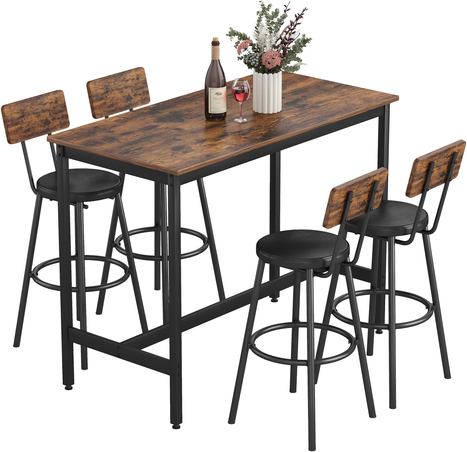 Dining Table Set for 4, 5-Piece Bar Table Set, Kitchen Table and Chairs, Counter Height High Top Table with 4 PU Upholstered Stools, Space-Saving Pub Table Set for Apartment, Retro Brown