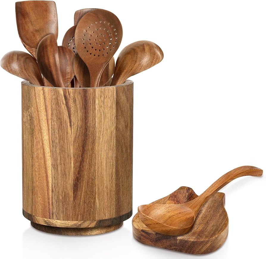 Wooden Utensil Holder for Kitchen Counter - 360° Rotating Acacia Cooking Utensil Holder & Large 7.2"x 6" Round Utensils Holder Organizer with Wood Spoon Holder for Countertop Farmhouse Kitchen Decor