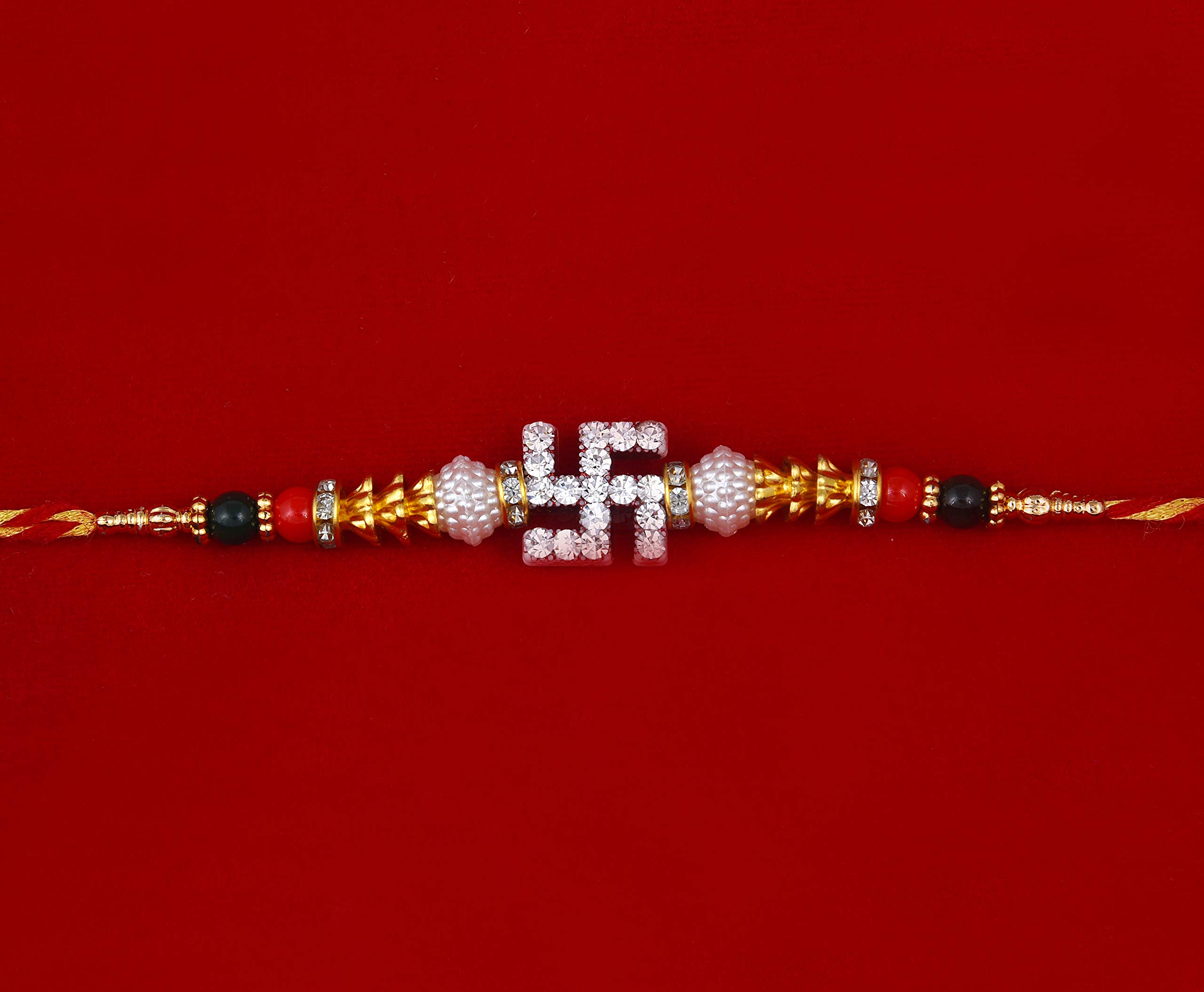 Rakhi for brother and bhabi/rakhi for brother/rakhi gift for brother/Set of 2 rakhi for brother with gift-1 Kundan Rakhi+1 Beads Rakhi+Showpiece Figurine +Roli, Chawal+Rakshi Greeting Card (Red) 2