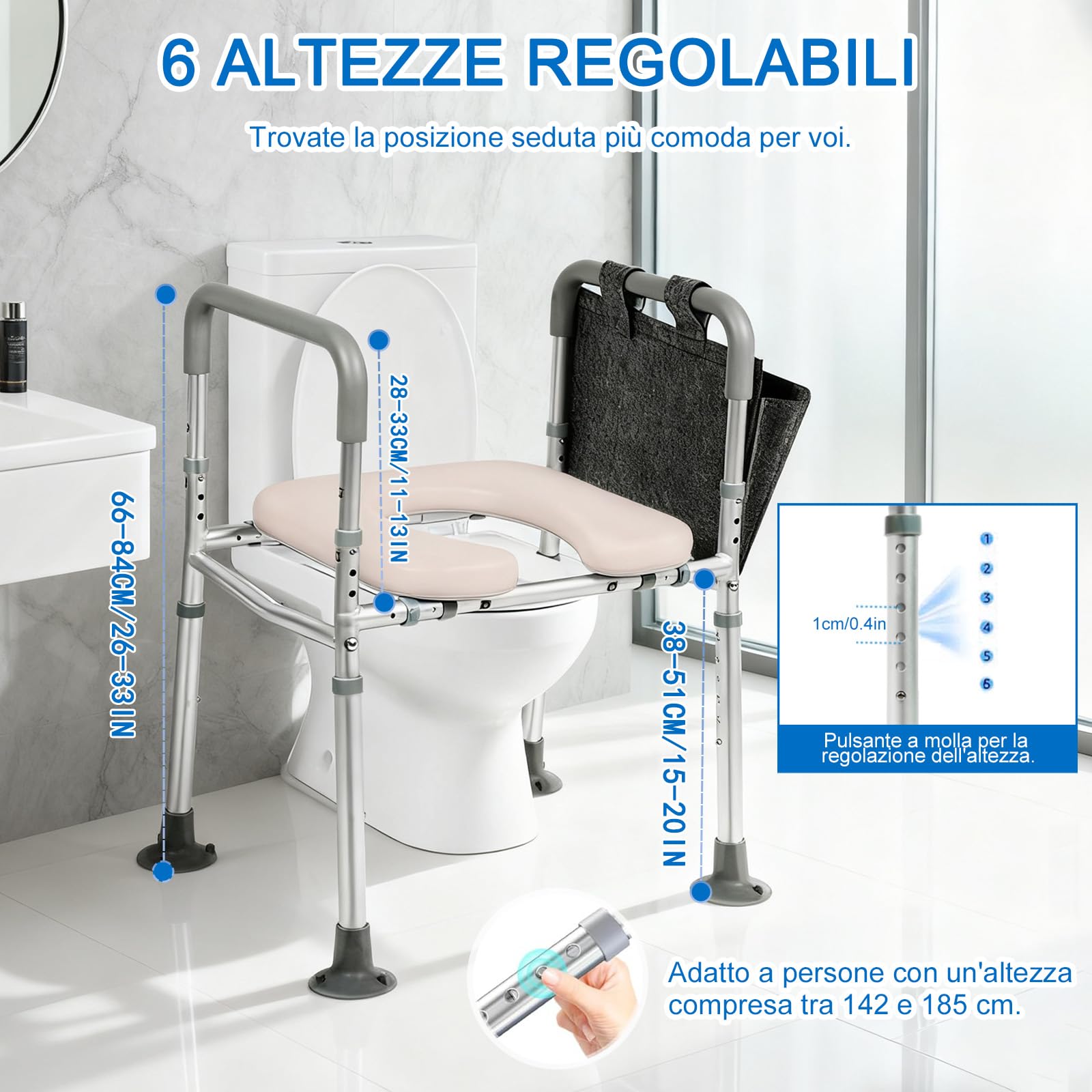 NJUN Rialzo WC per Anziani, Sedile del Water Rialzato con Braccioli, Regolabile in Altezza 66-84 cm, Comoda WC Alzata Water per Anziani con Seduta Imbottita e Telaio in Alluminio, Braccioli per WC