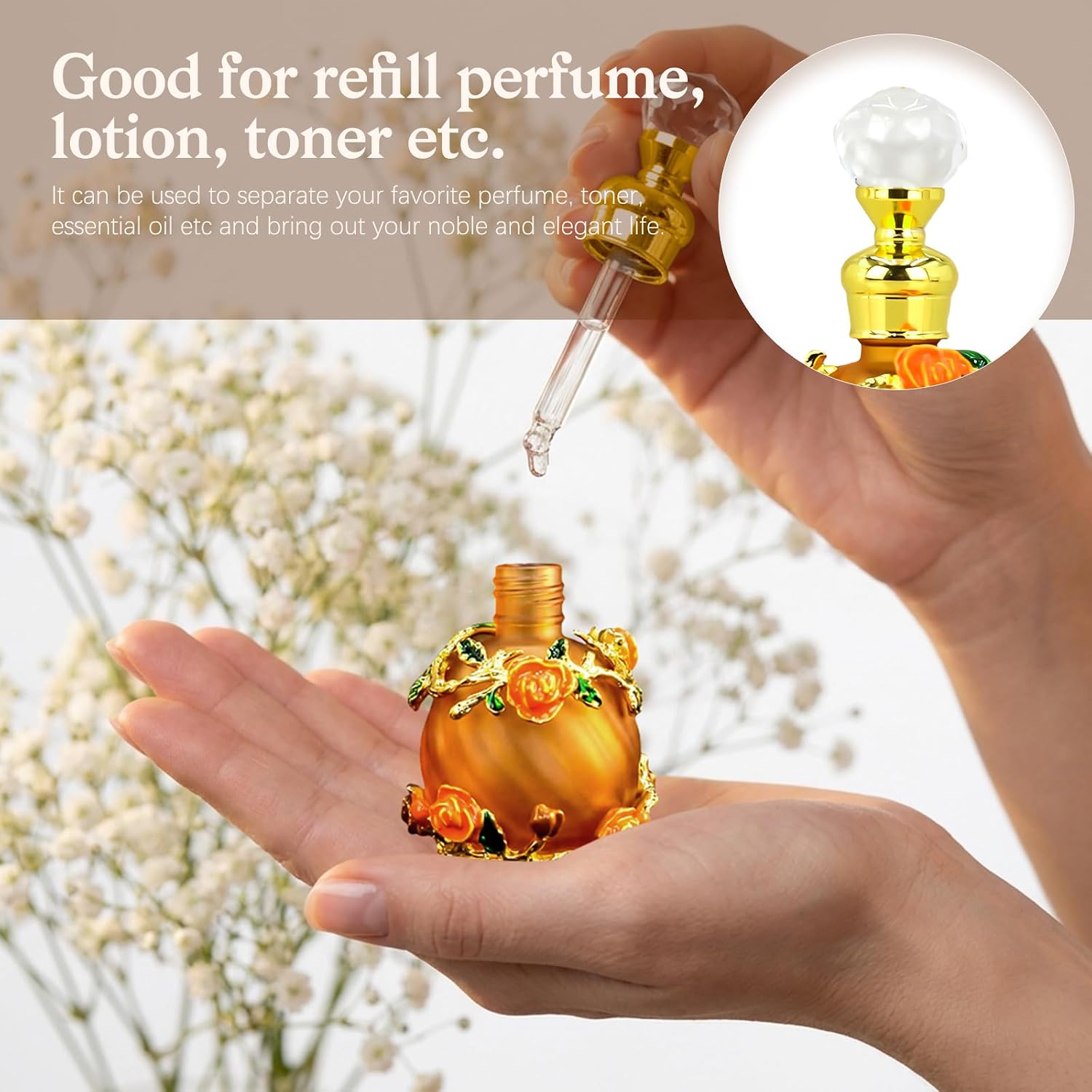 Joyeee Vintage Perfume Travel Refillable, 15 ml Golden Yellow Flower Mini Perfume Drop Bottle for Vanilla Essential Oils, Home Essentials, Vintage Crystal Middle Eastern Style Oil Sub Vial Scent image 2