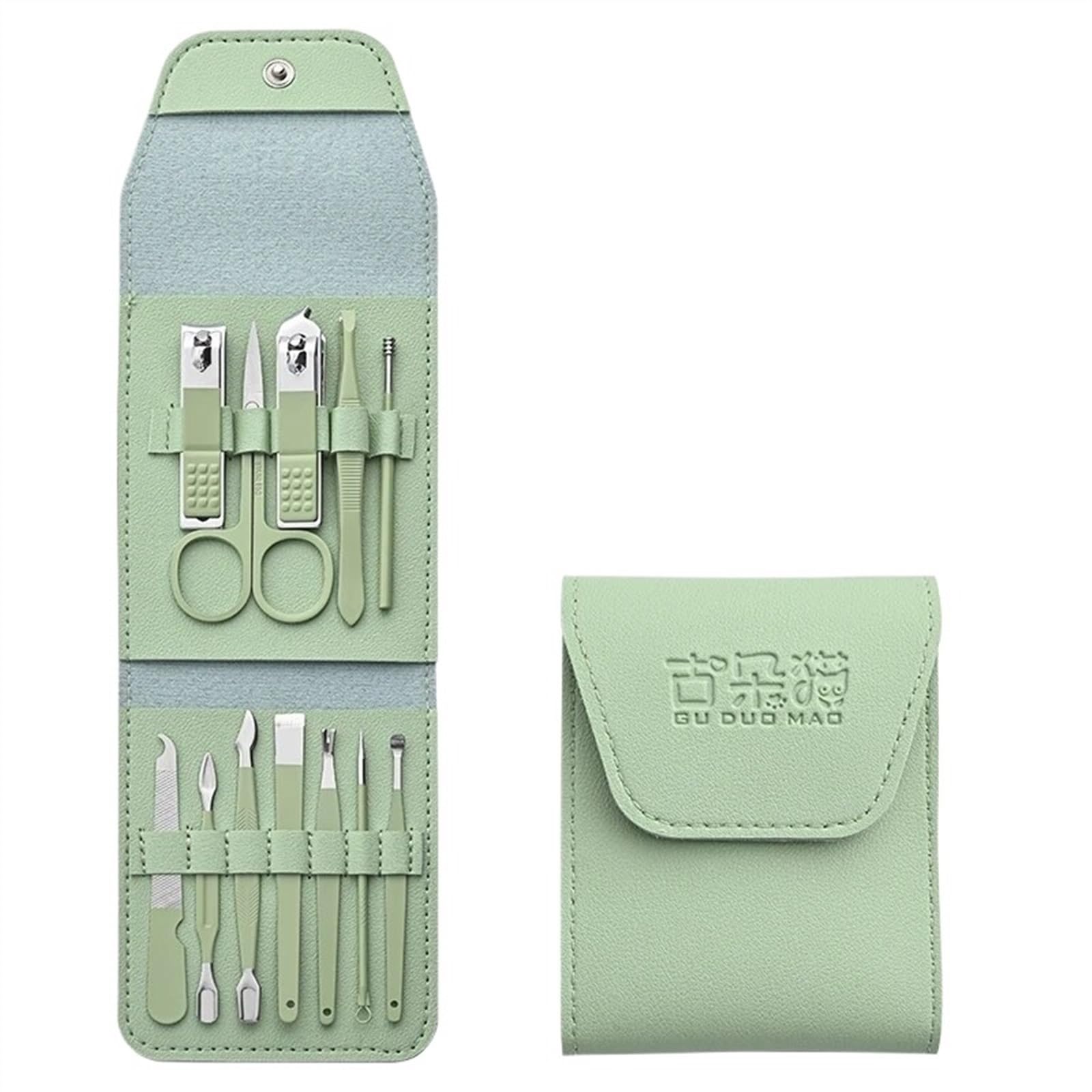 Szpilka do paznokci， Zestaw 12 wygodnych narzędzi kosmetycznych, obcinacz do paznokci, nożyk pedicure, peelingu uszu, manicure, paznokcie(Green 12piece Set)