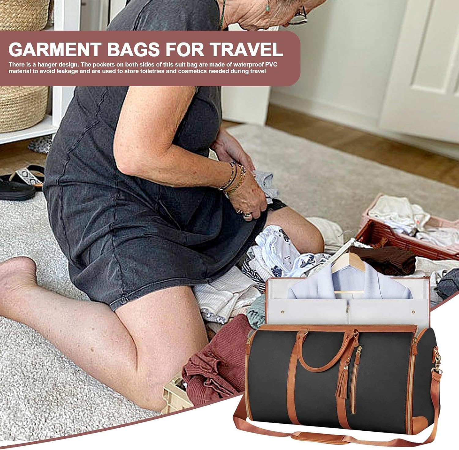 Garment Bag for Travel,Convertible Carry On Garment Bags for Women,Folding Suit Luggage,Bolsas Impermeables para Ropa,Bolsa Viaje Grande De Cuero De PU, con Bolsa para Zapatos, para Mujeres/Hombres