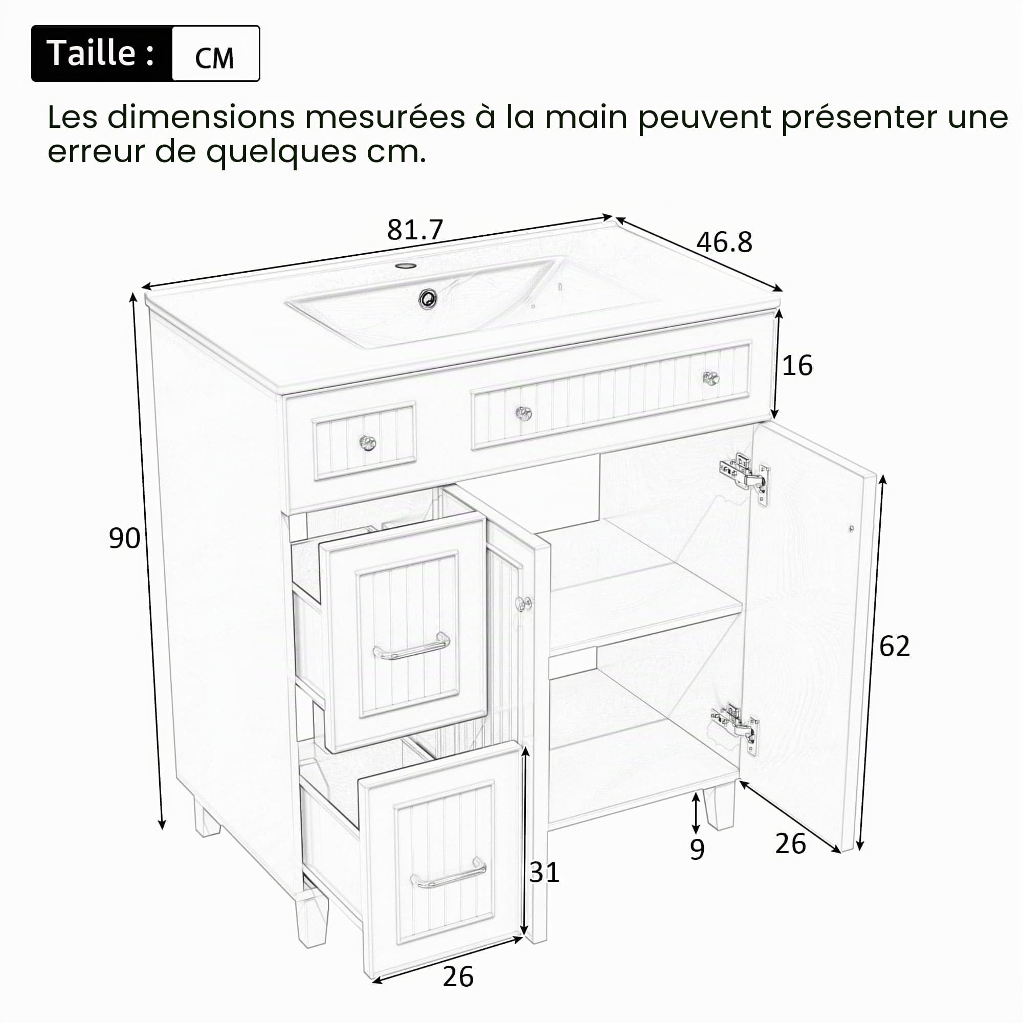 KOMHTOM Meuble de Salle de Bain avec, 2 Tiroirs, Poignée Métal et Étagère - 82 x 47 x 90cm Lavabo Simple Moderne - Armoire de Rangement en Bois (Vert)