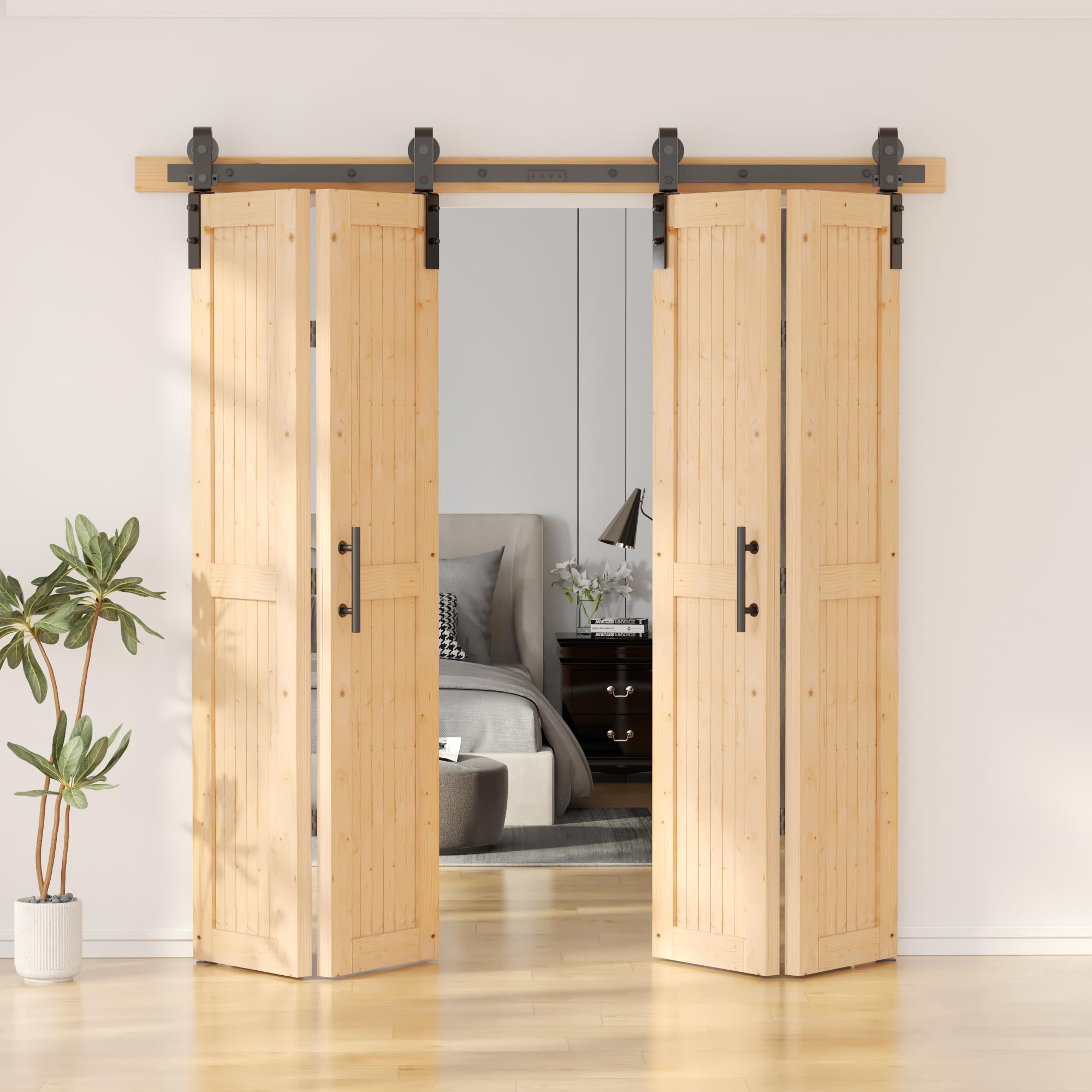 SKYSEN 84" X 84" Bifold Barn Door with 90" Bifold Barn Door Hardware Kit, Including Handle and Pulls, Unfinished Solid Spruce Wood Panel, Pre-Drilled and Assembled(84 * 84-90-fold) (black hardware)