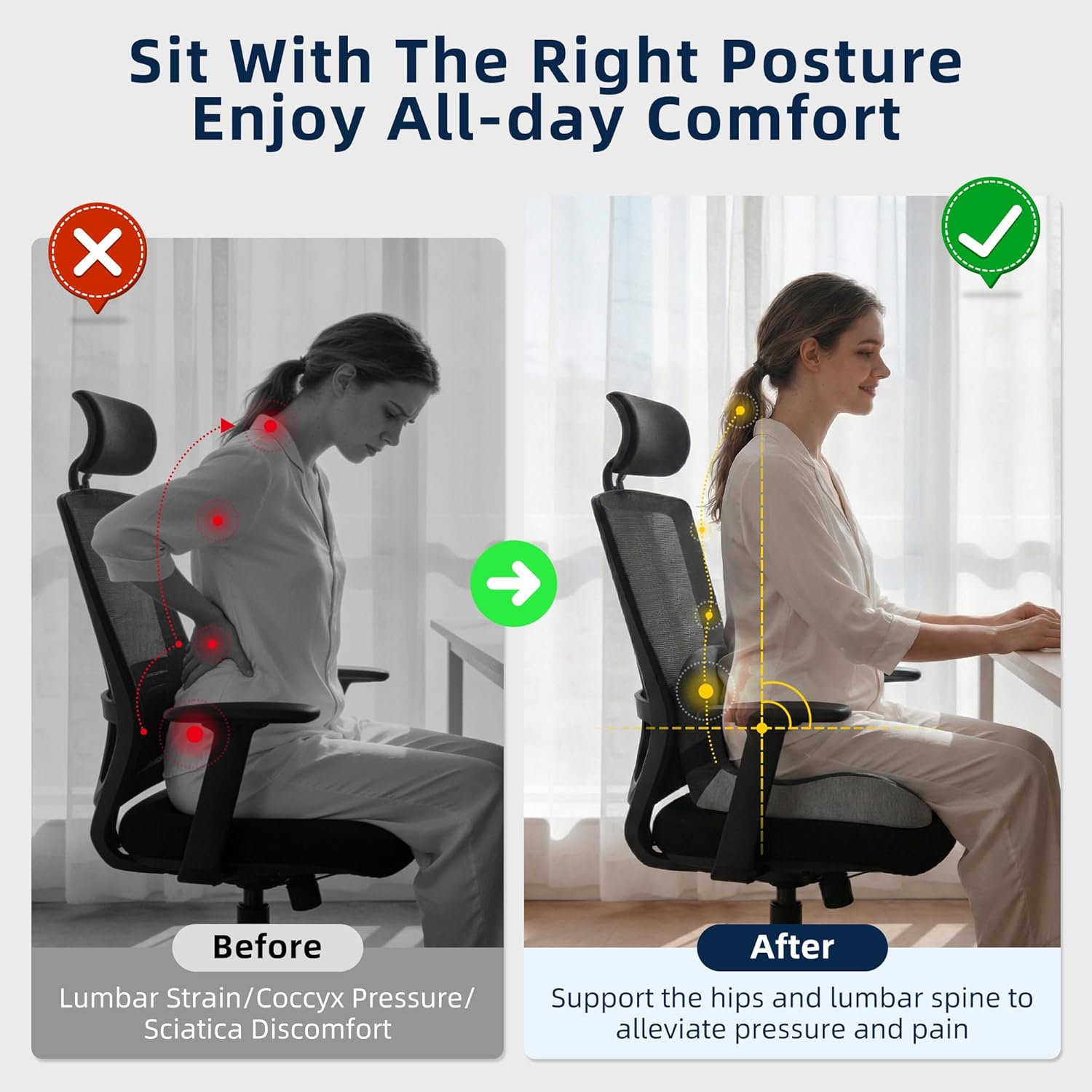 lazyzzz Office Chair Cushion, Memory Foam Seat Cushion with Lumbar Support & Adjustable Strap, Ergonomic Car Seat Cushion Back Pain Relief for Truck Driver, Office Chair, Gaming Chair