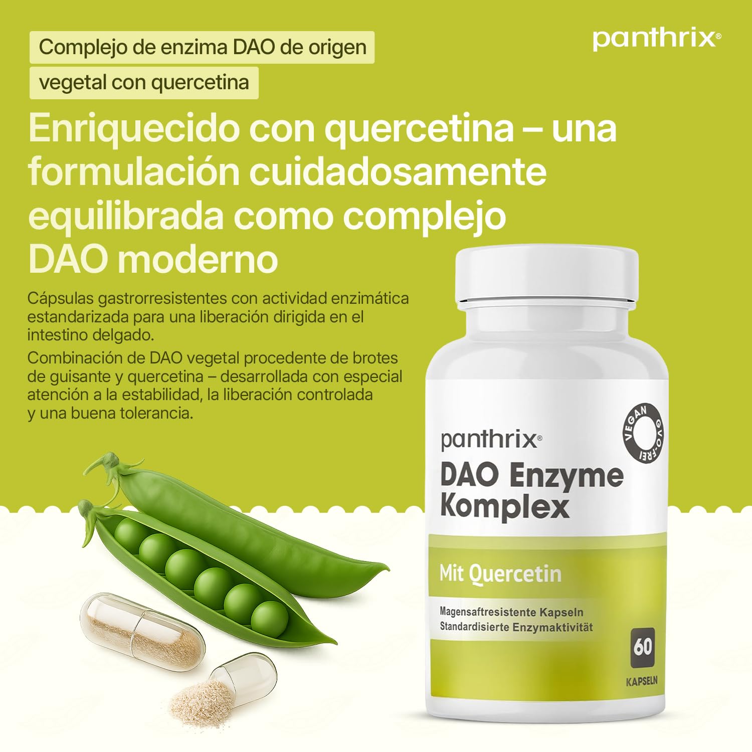 Cápsulas de Enzima DAO Veganas con Quercetina | 60 Cápsulas Gastrorresistentes de Brotes de Guisante | Alta Tolerabilidad y Liberación Dirigida en el Intestino | Actividad DAO Equilibrada