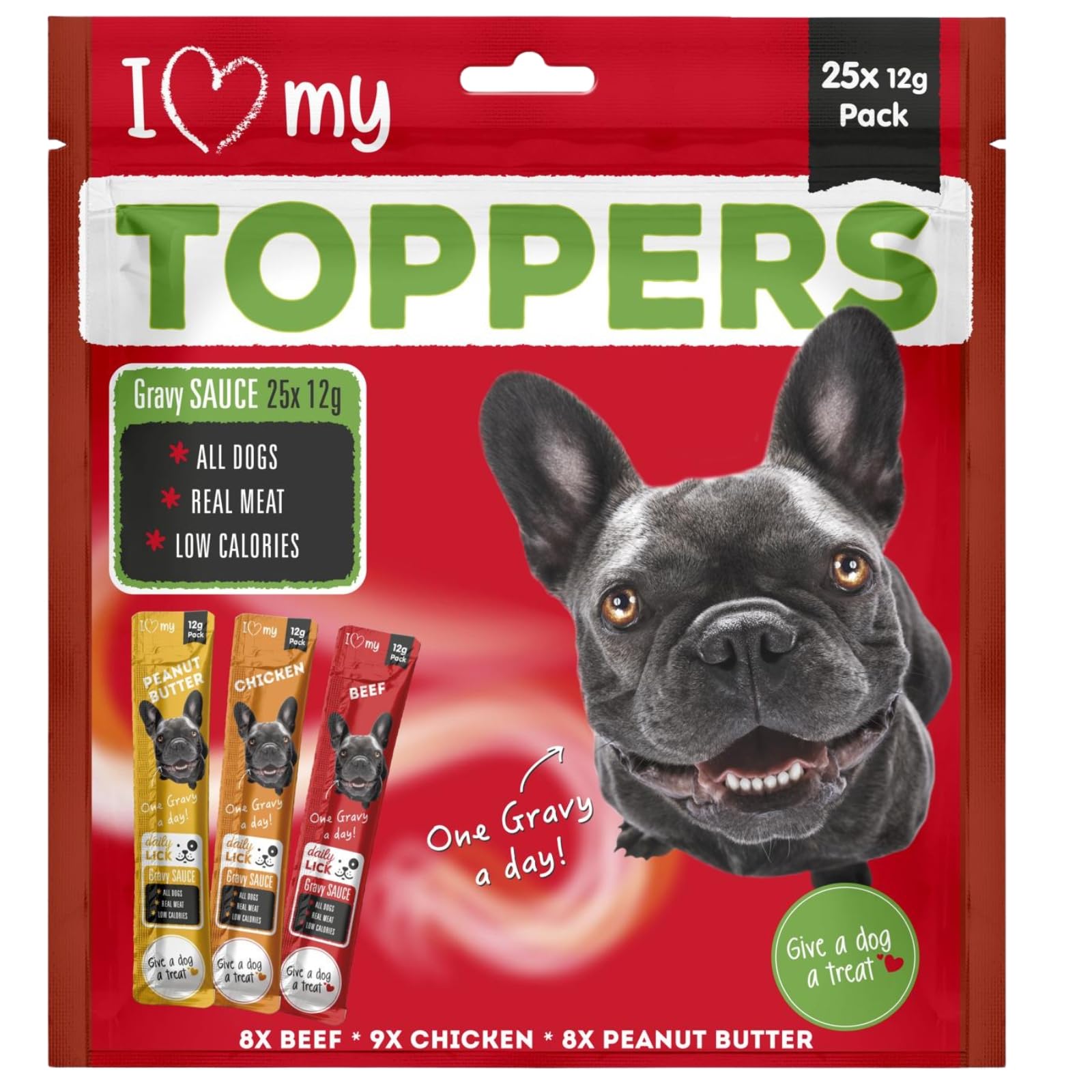 Dog Gravy Food Toppers (25 Pack) Mixed Variety Gravy Sauce Toppers for Dogs - Peanut Butter, Beef and Chicken 12g Each, Real Meat, Low Calorie