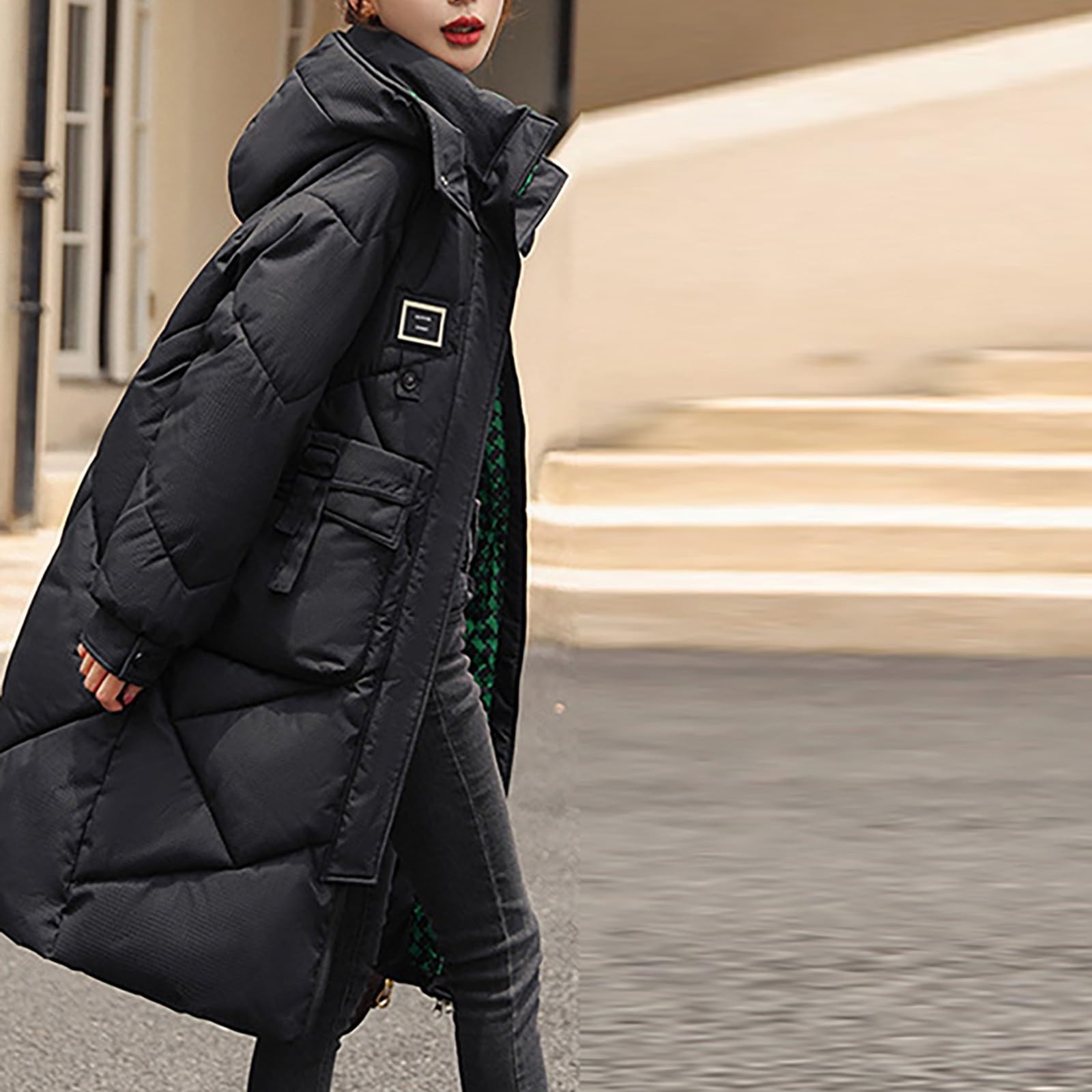 Generisch Wintermantel Damen Lang Daunenmantel Winter Warm Mantel Langarm Steppmantel Elegant Damenmantel Dicke Thermo Daunenjacke Einfarbig Puffer Jacke Mit Taschen Steppjacke Mit Reissverschluss