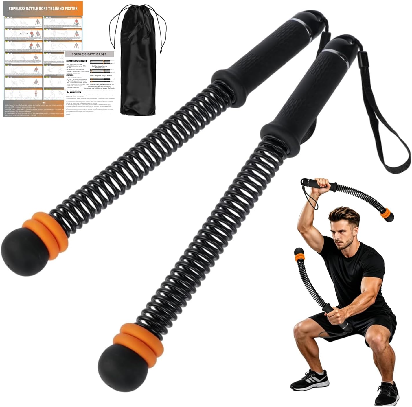 2Pcs Cordless Battle Rope for Home Gym, Heavy Duty Portable Cordless Workout Ropes Poster, Adjustable Resistance Low-Impact HIIT Fitness Equipment for Full Body Cardio and Strength Training(Black)