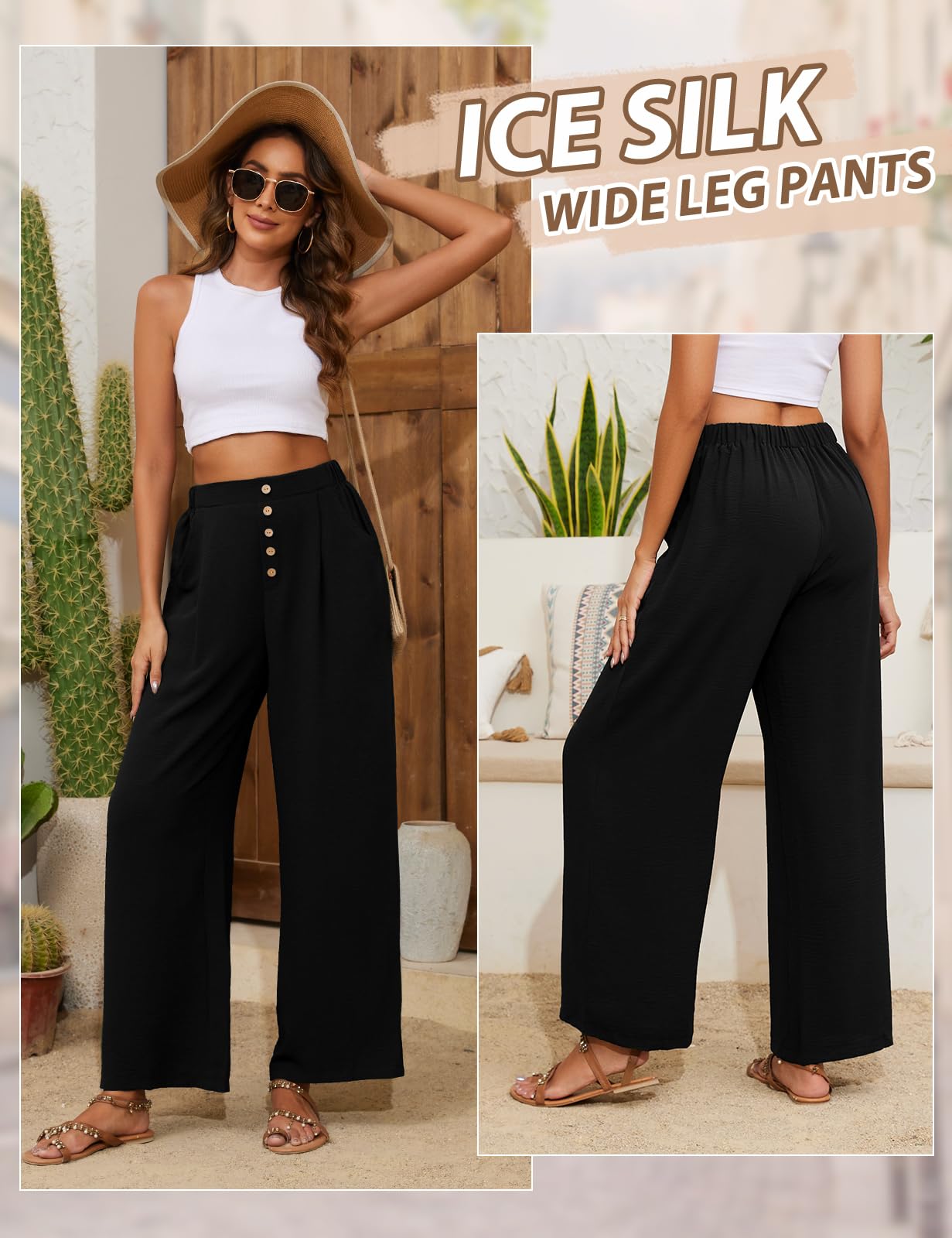 Heekpek Pantalon Large Fluide pour Femmes - Détente Léger d'Été Palazzo à Taille Haute avec Boutons - Causal à Taille Élastiquée