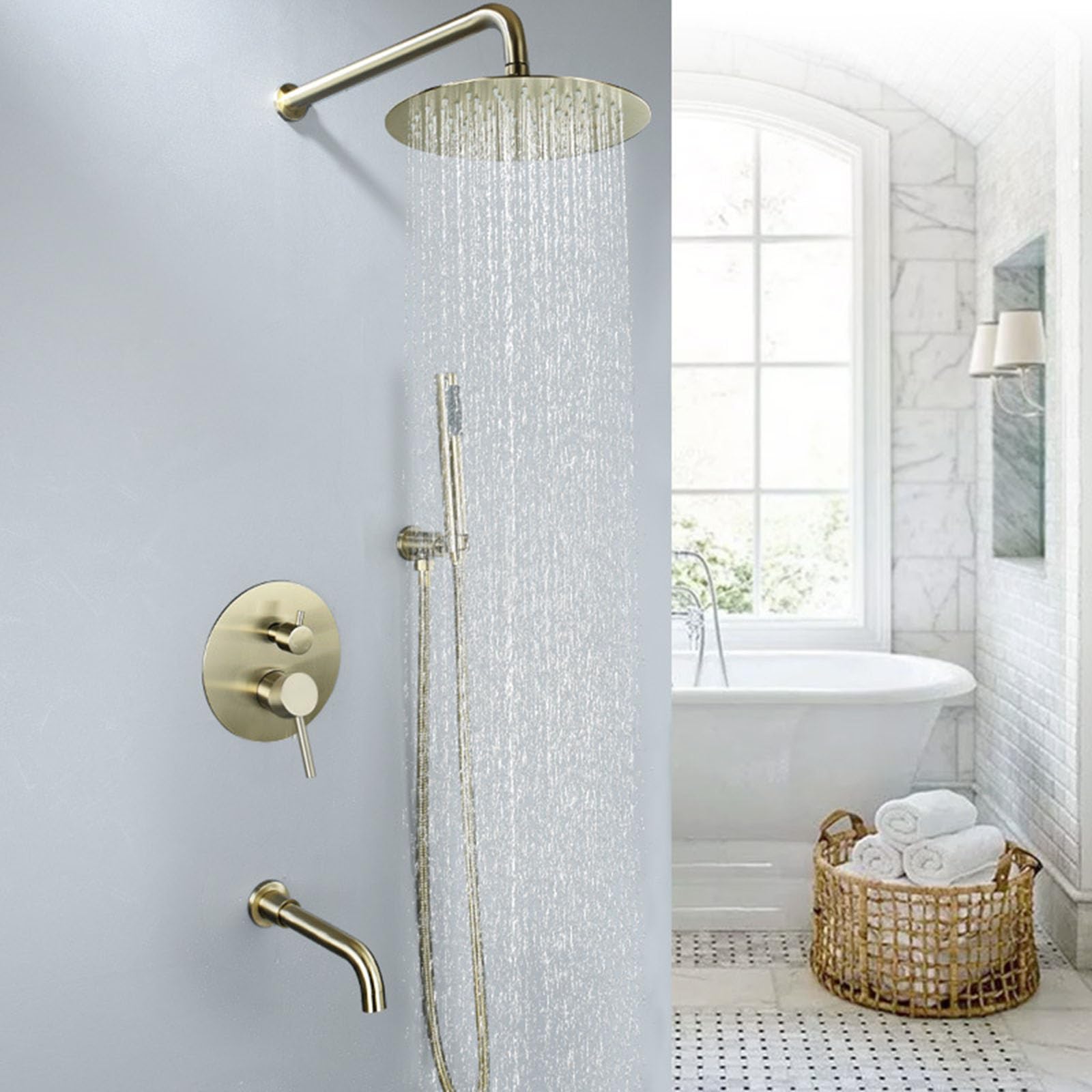 Mélangeur de douche dissimulé pour une salle de bain moderne et relaxante en or brossé