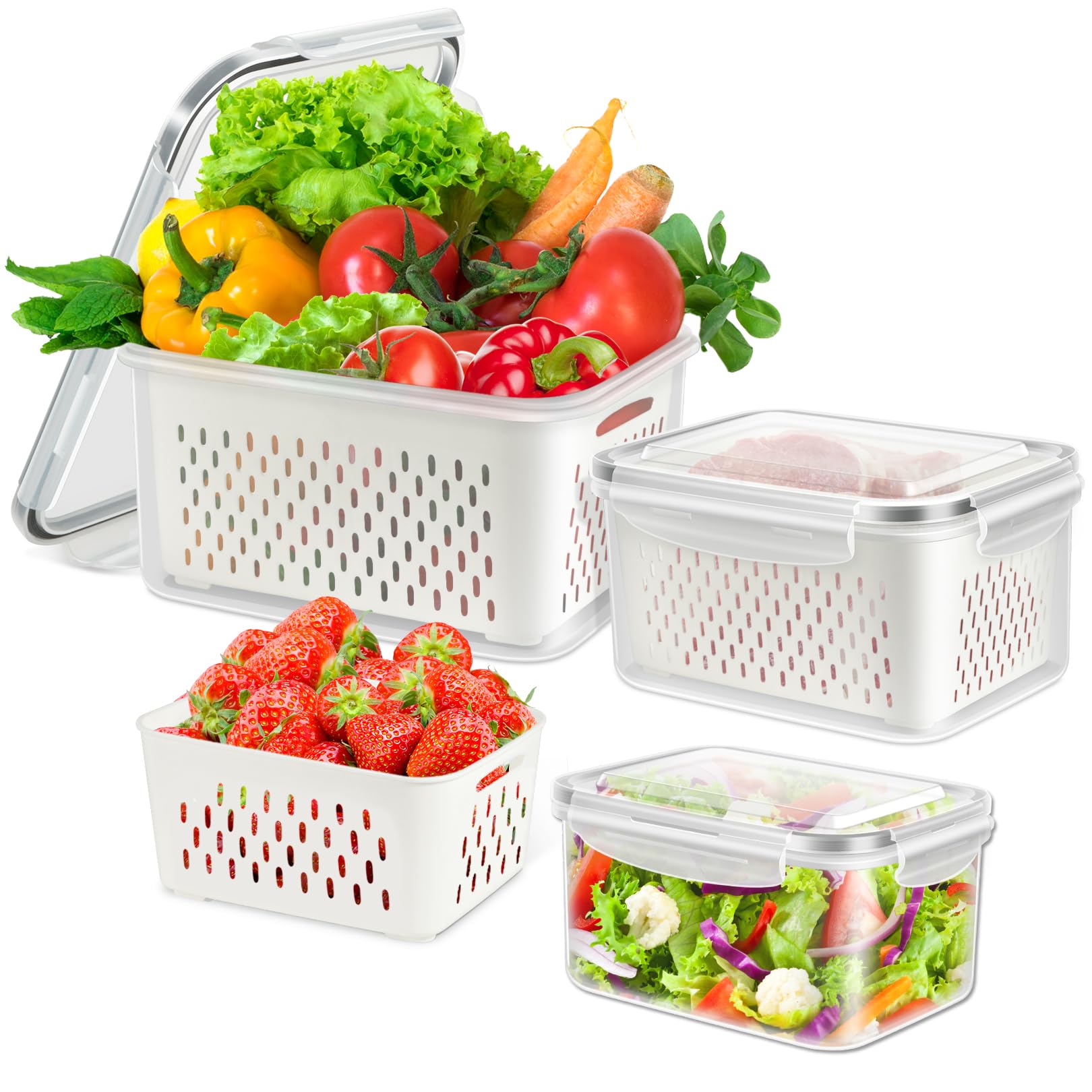 Pojemnik do przechowywania jagód z pokrywkami z sitkiem, plastikowy pojemnik na świeże produkty, do warzyw, owoców, mięsa, sałaty, bez BPA, organizacja lodówek kuchennych (3,15 l + 1,7 l + 0,8 l