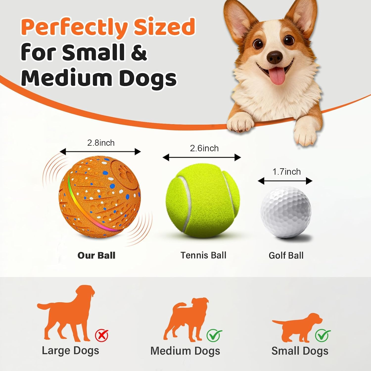 Pelota interactiva de juguetes para perros – Pelota inteligente para perros con luces coloridas, material E-TPU, 3 modos de juego, bolas rodantes automáticas, juguete para perros pequeños y medianos