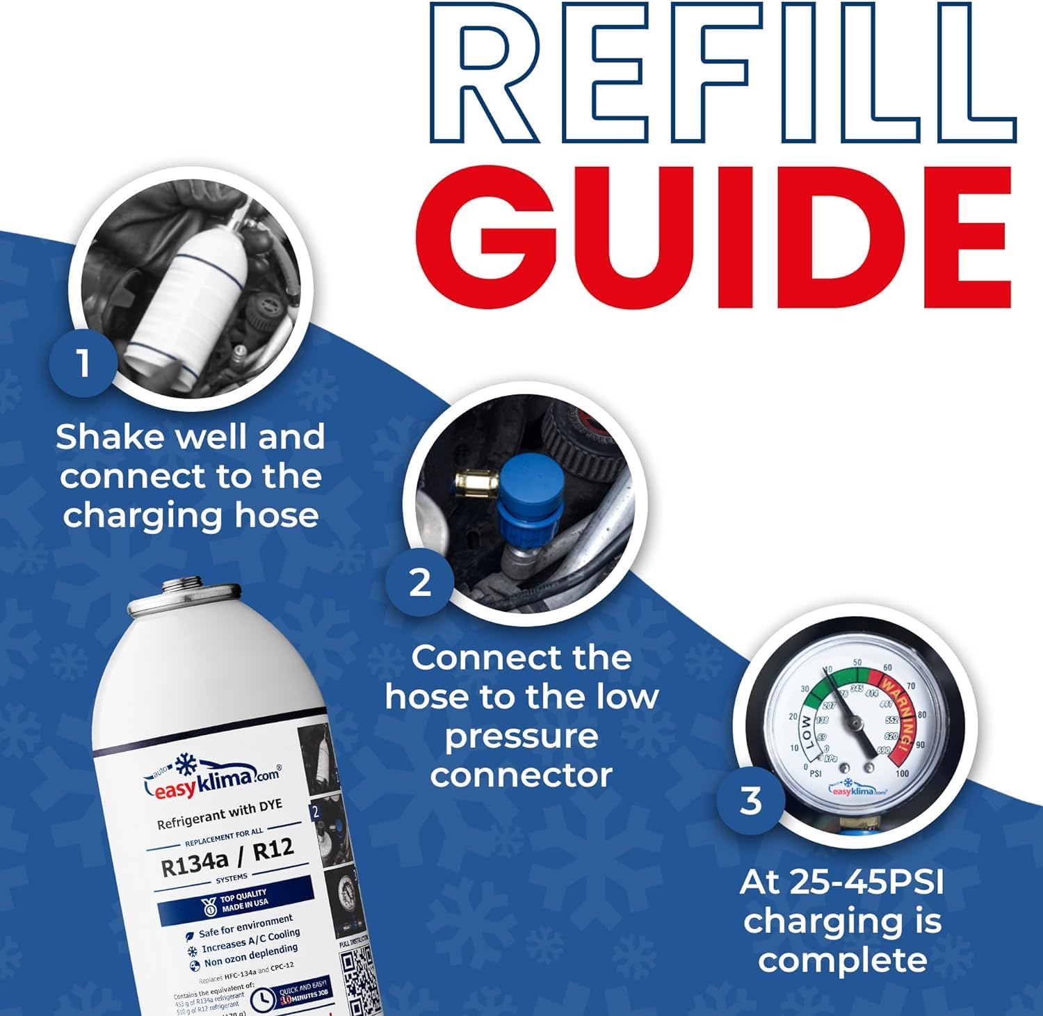 EasyKlima® 3in1 Kit: Refill your car’s AC with R134a refrigerant! Includes dual refrigerant and a hose with a pressure gauge for cars from 1994–2016. Simple, DIY solution for cool air!