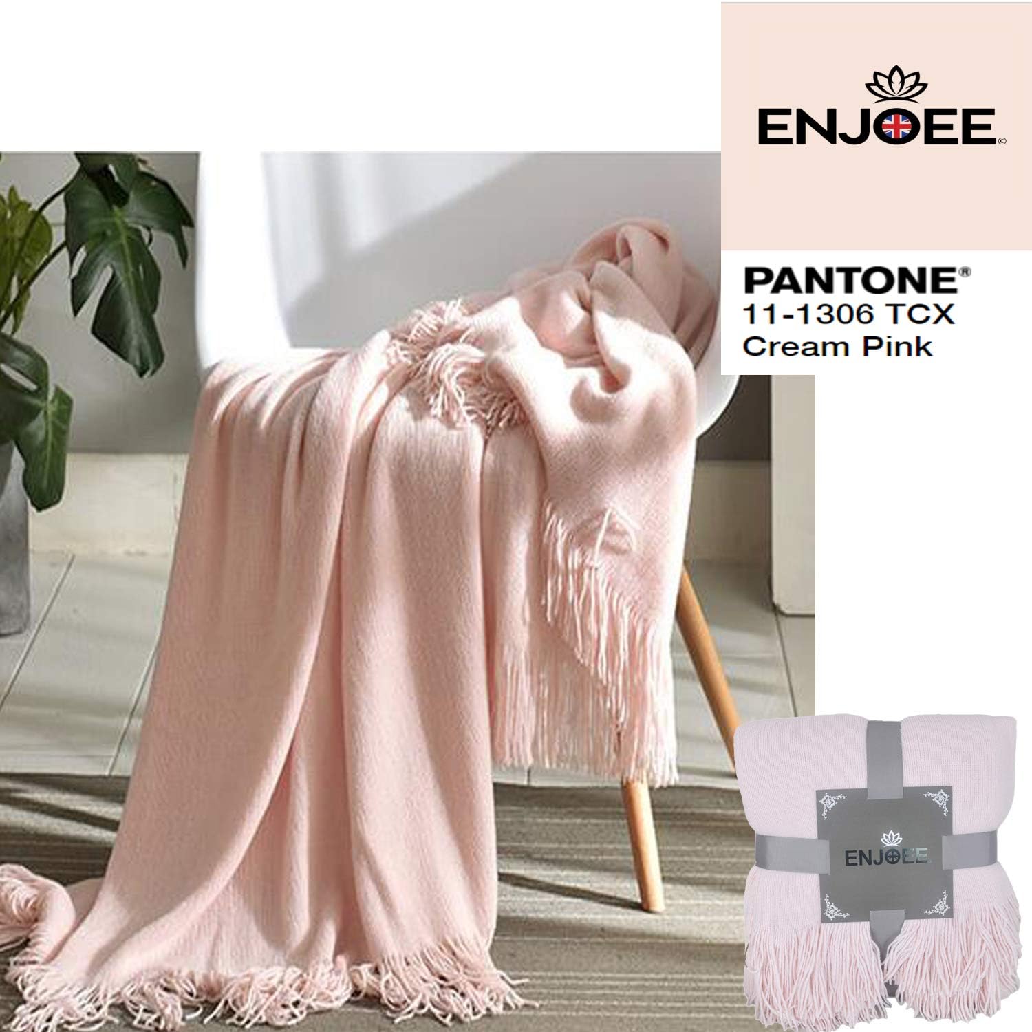 Throw Blanket Lightweight Throw Blanket Super Soft Decorative Knitted Blankets with Fringe for Sofa Couch Home Decor, 50 x 60 inch,Cream Pink
