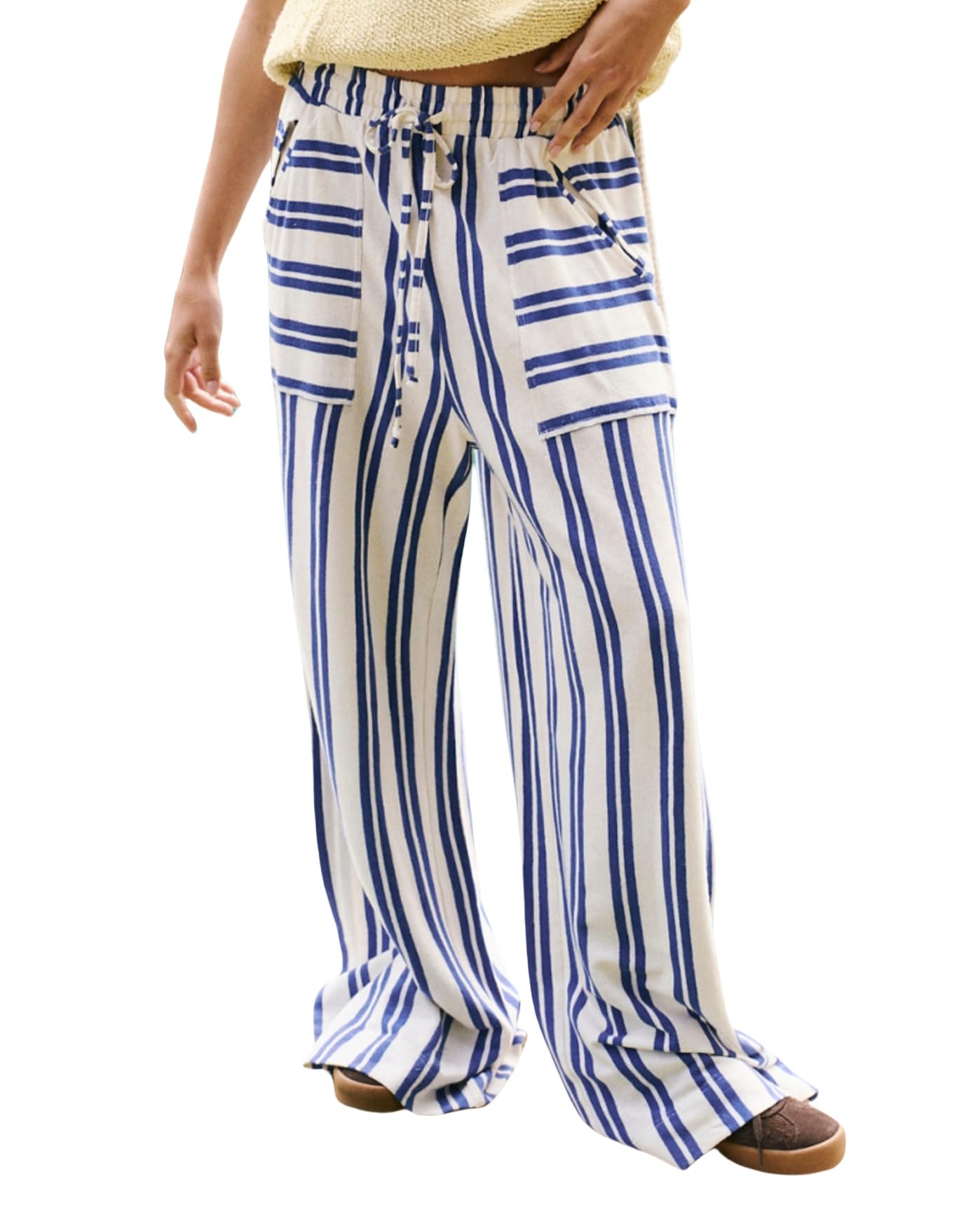 Womens Palazzo Pants Striped Wide Leg High Waist Casual Comfy Pants with Pockets