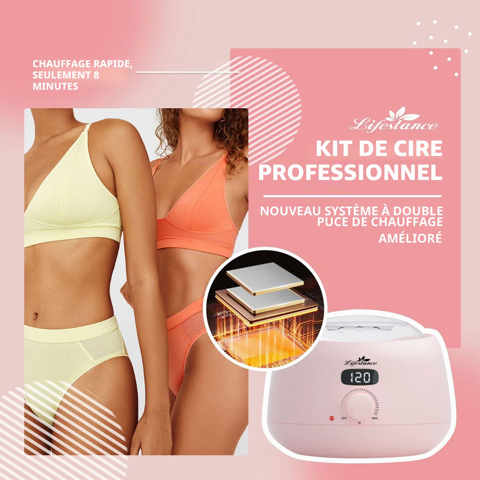 Lifestance Chauffe Cire Epilation Professionnelle pour Femme Avec 400g Perles de Cire, 30 Bâtonnets de Cire et Un Bol en Silicone pour Tout le Corps