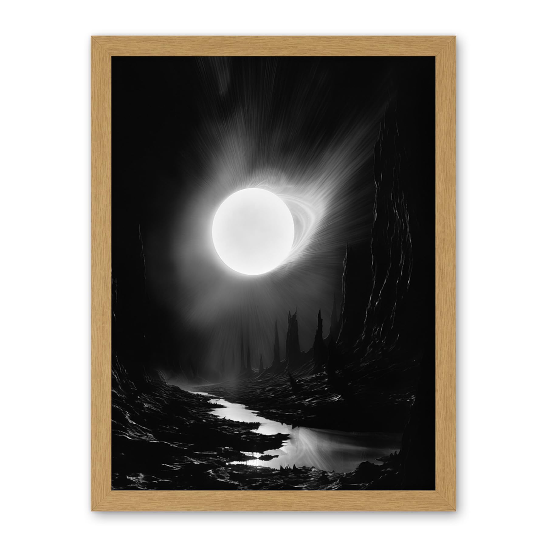 Artery8 Solar Flares Dramatic Fantasy Landscape Black and White Surreal Hades Underworld Artwork Framed Wall Art Print 18X24 Inch