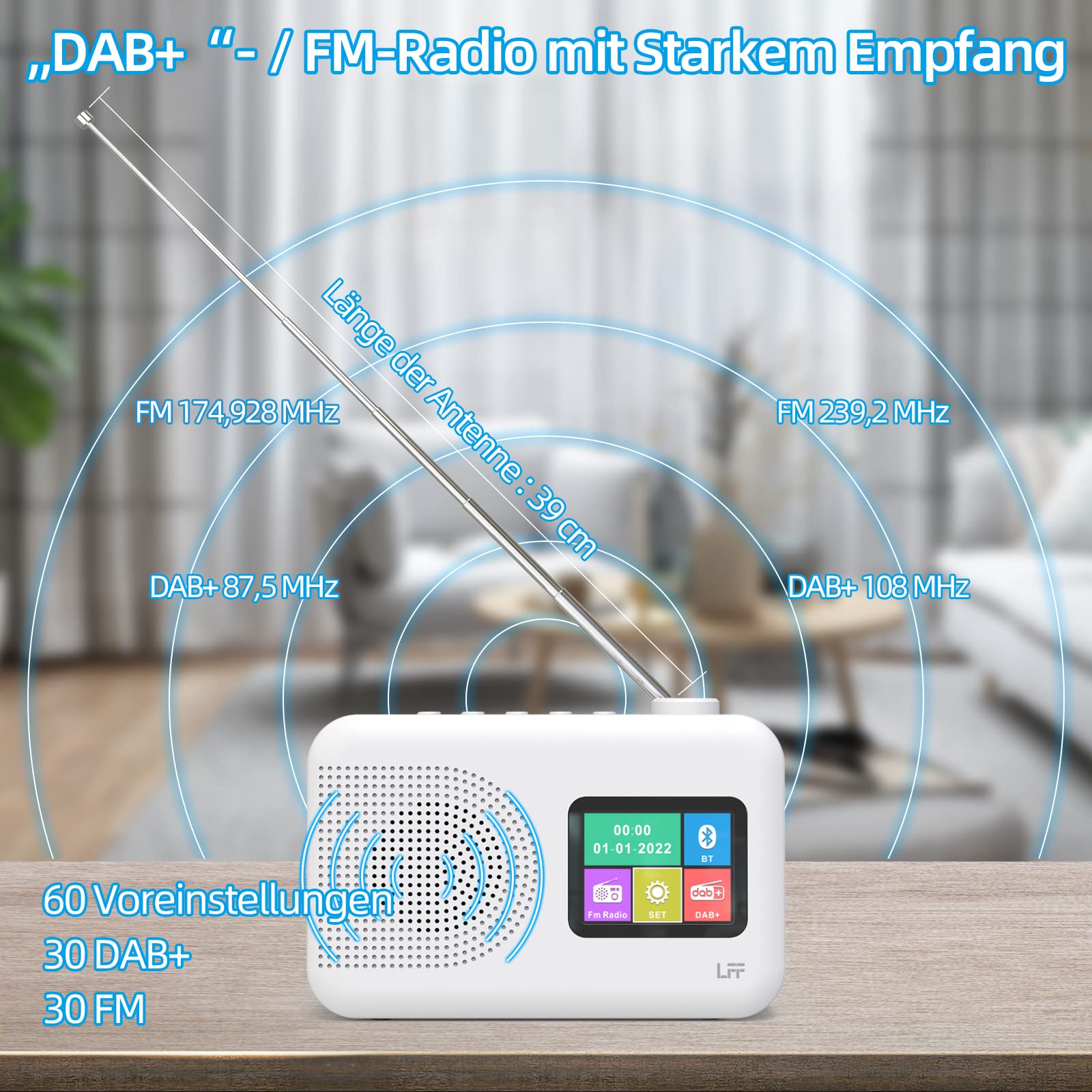 LFF DAB Radio, DAB Plus Radio, UKW-Digitalradio, Küchenradio mit Kabel oder Batteriebetriebenes, Farbdisplay Radios mit Bluetooth