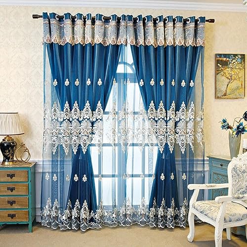 Miniatura 3 de Amidoudou 1 par de cortinas europeas de doble capa para sala de estar, dormitorio, cortinas bordadas europeas de lujo (azul, 63 x 84 pulgadas)
