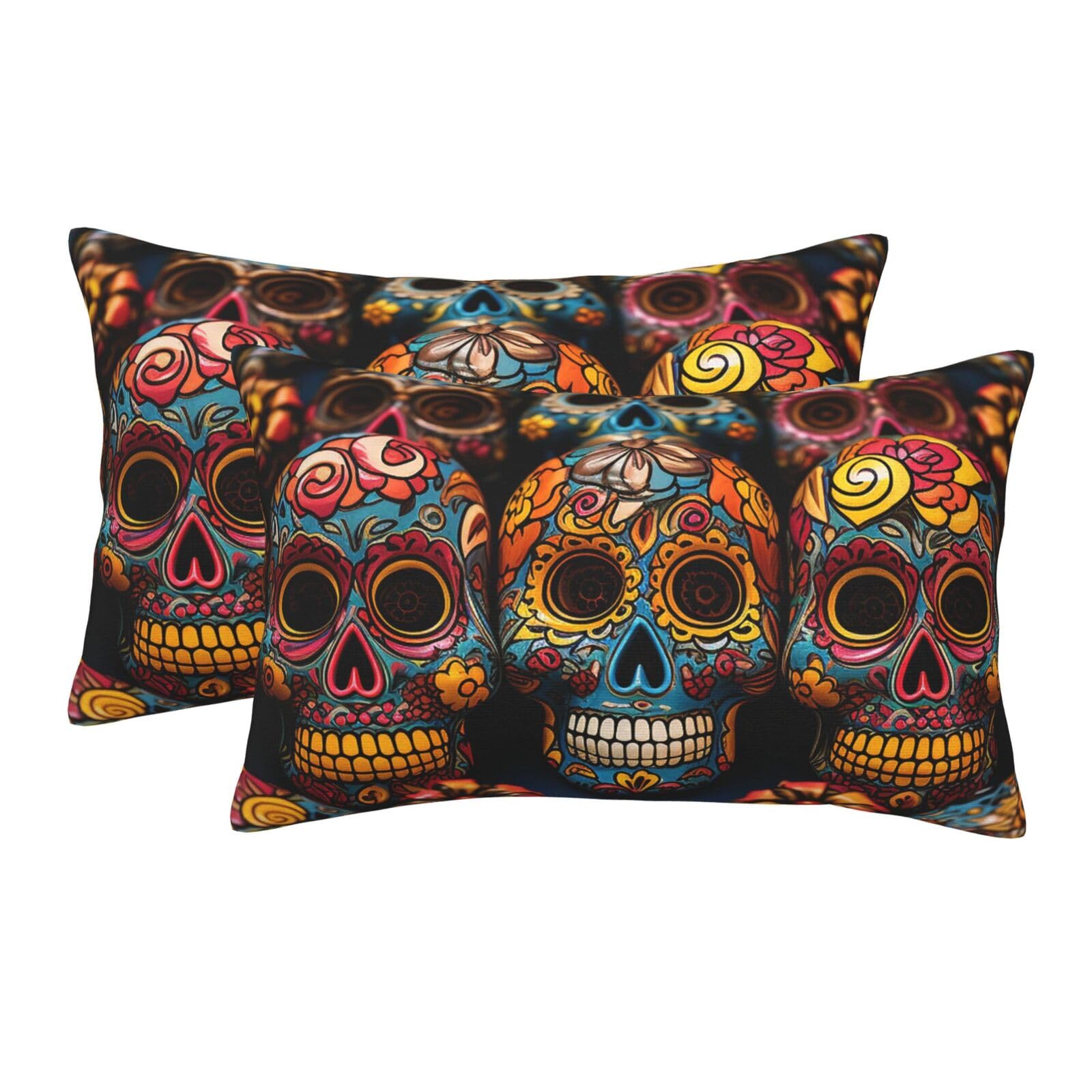 2 Pack Standard Size Pillow Cases for Hair and Skin Soft Breathable Pillow Case Covers with Hidden Zipper Colorful Sugar Skulls Pillowcase 14"x20" Pillow Cover for Sleeping Gift