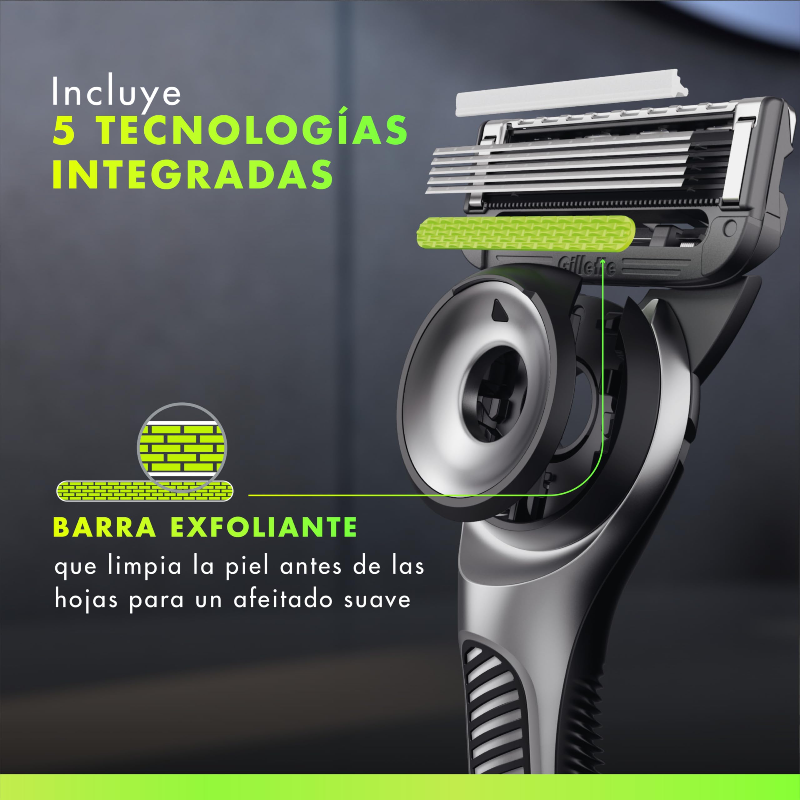 GilletteLabs Maquinilla de Afeitar para Hombre con 5 Recambios | Mango de Metal con Barra Exfoliante Integrada, 5 Cuchillas con Banda Lubricante, Estuche de Viaje Y Colgador de Pared