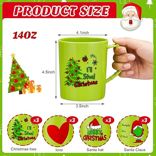 Miniatura 2 de Suclain 12 tazas de plástico de Navidad a granel de 15 onzas, tazas de Navidad robadas con asa, color verde lima, tazas de Navidad, copas de Papá