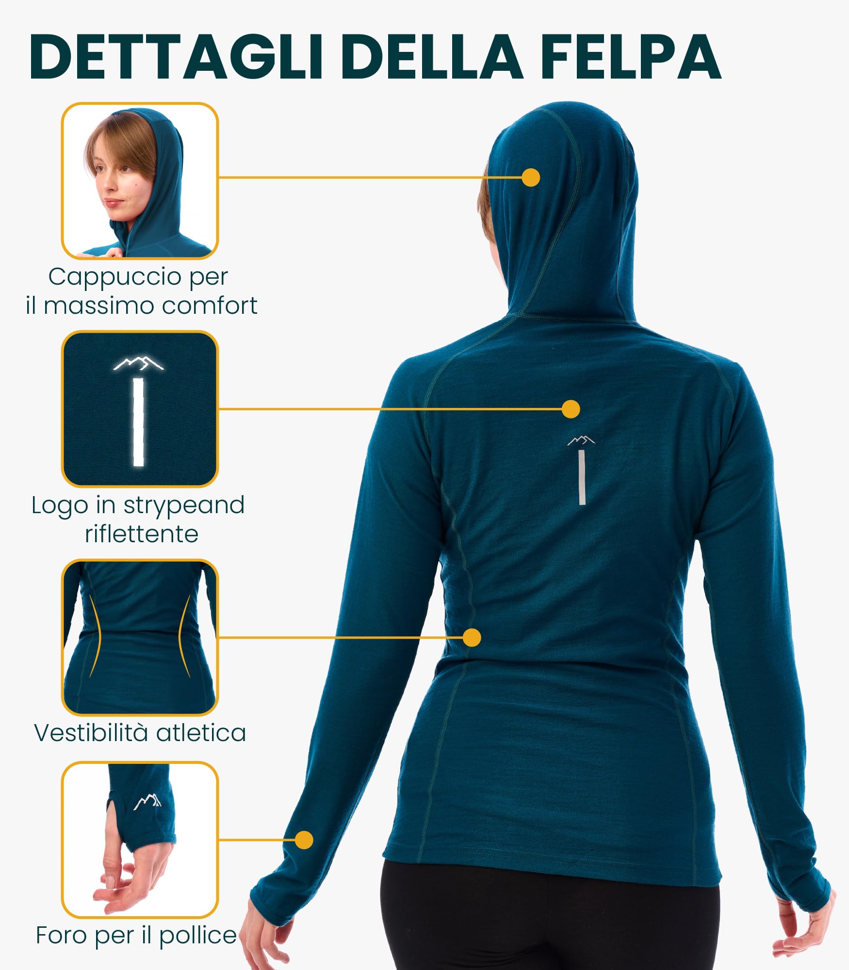 Merino.tech Felpa Maglione Lana Merino Donna Mezza Zip - Taglio Slim 100% Intimo Termico Lana Merino e Calze
