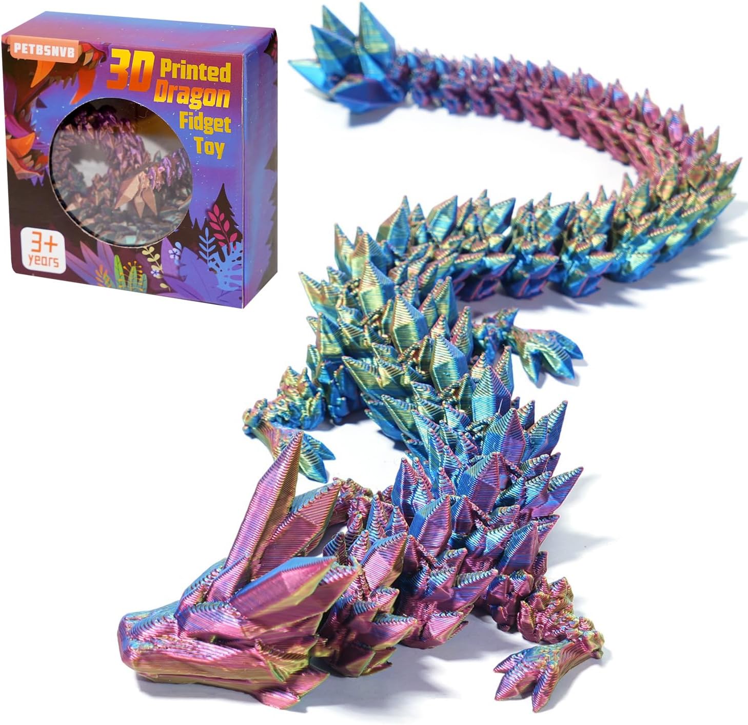 Three Color 12" 3D Printed Dragon, Articulated Dragon, Crystal Dragon, Dragon Fidget Toy, Home Office Decor Executive Desk Toy (Yellow Head)