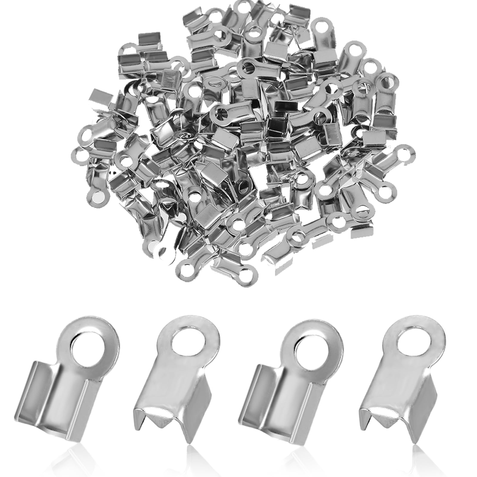 Vin Beauty 100 Pieces Fold Over Cord Ends Stainless Steel Cord Crimp End Tips Fold-Over End Caps Leather Ribbon Ending Clasp Tips Connectors for