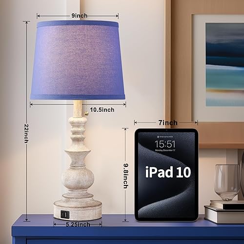 Miniatura 5 de Juego de 2 lámparas de mesa de dormitorio de granja de 22 pulgadas con puertos de carga USB AC, lámparas de mesa auxiliar pequeñas para mesas