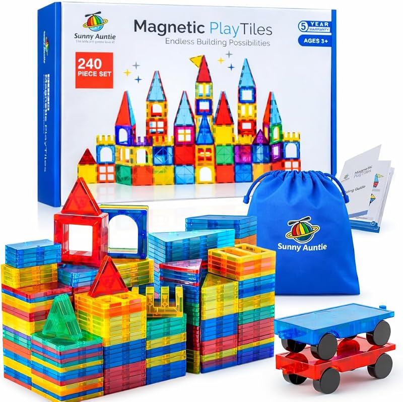 Juego de construcción de juguetes STEM de azulejos magnéticos, a partir de 3 años - 240 piezas | Juguetes de construcción de azulejos magnéticos, juguetes STEM, juego de construcción de bloques magnéticos, con 2 autos y folleto guía para niños a partir de 3 años