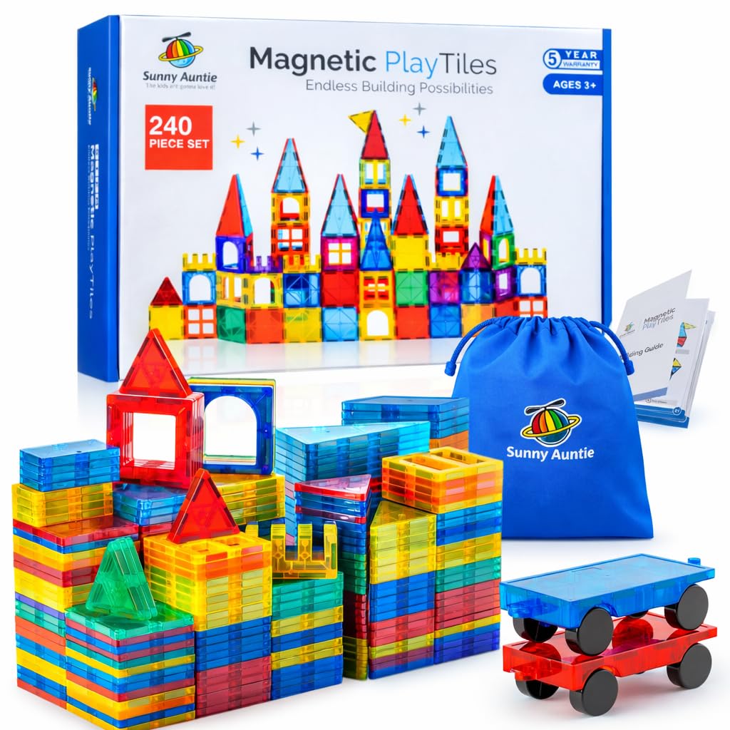 SUNNY AUNTIE Magnetic Tiles 240 PCS XL Set with Storage Bag – Magnetic Building Tiles for Kids Ages 3-8, STEM Magnet Construction Toy for Boys & Girls