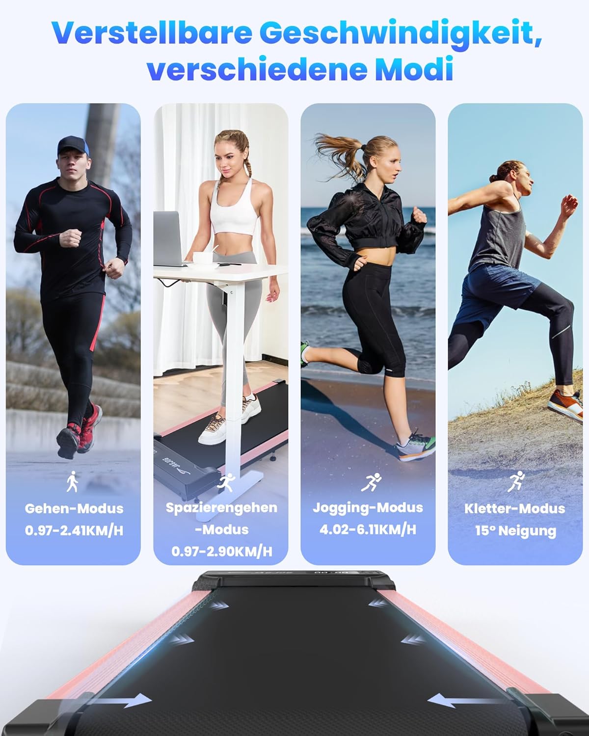 Four illustrations showing different exercise modes on the JAGJOG JT31 treadmill: Walking, Strolling, Jogging, and Climbing with 15-degree incline.