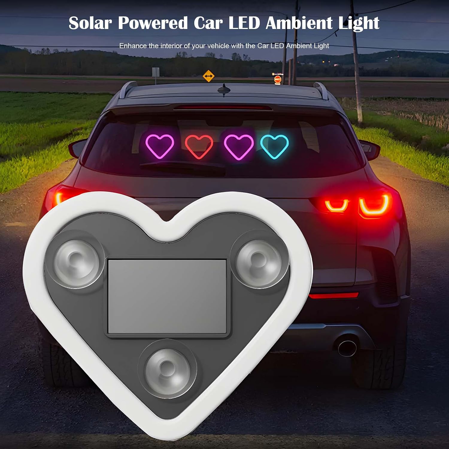Solar Powered Car LED Ambient Light - Heart Shaped Neon Accent for Rear & Side Windows, 5 Modes, Romantic Gift for Christmas, Valentine's Day, Anniversary, Date Night (Red)