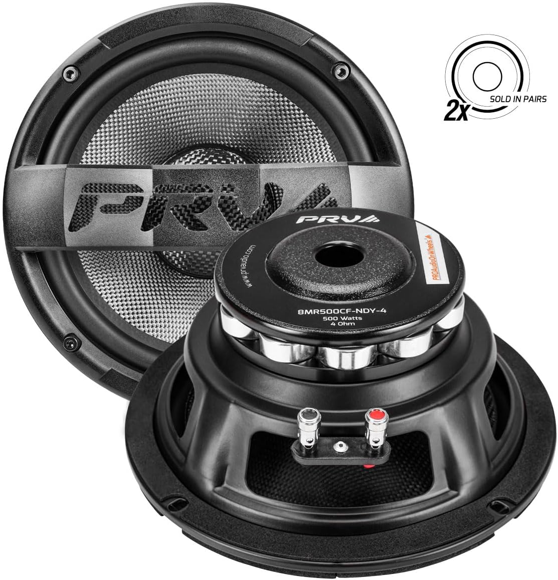 Two PRV AUDIO 8MR500CF-NDY-4 speakers, emphasizing they are sold in pairs.