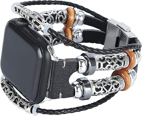 Correa compatible con Apple Watch 1.73", 1.65", 1.58", 1.5" (44, 42, 40, 38 mm) de cuero hechas a mano correa de cuentas bohemias para mujer y
